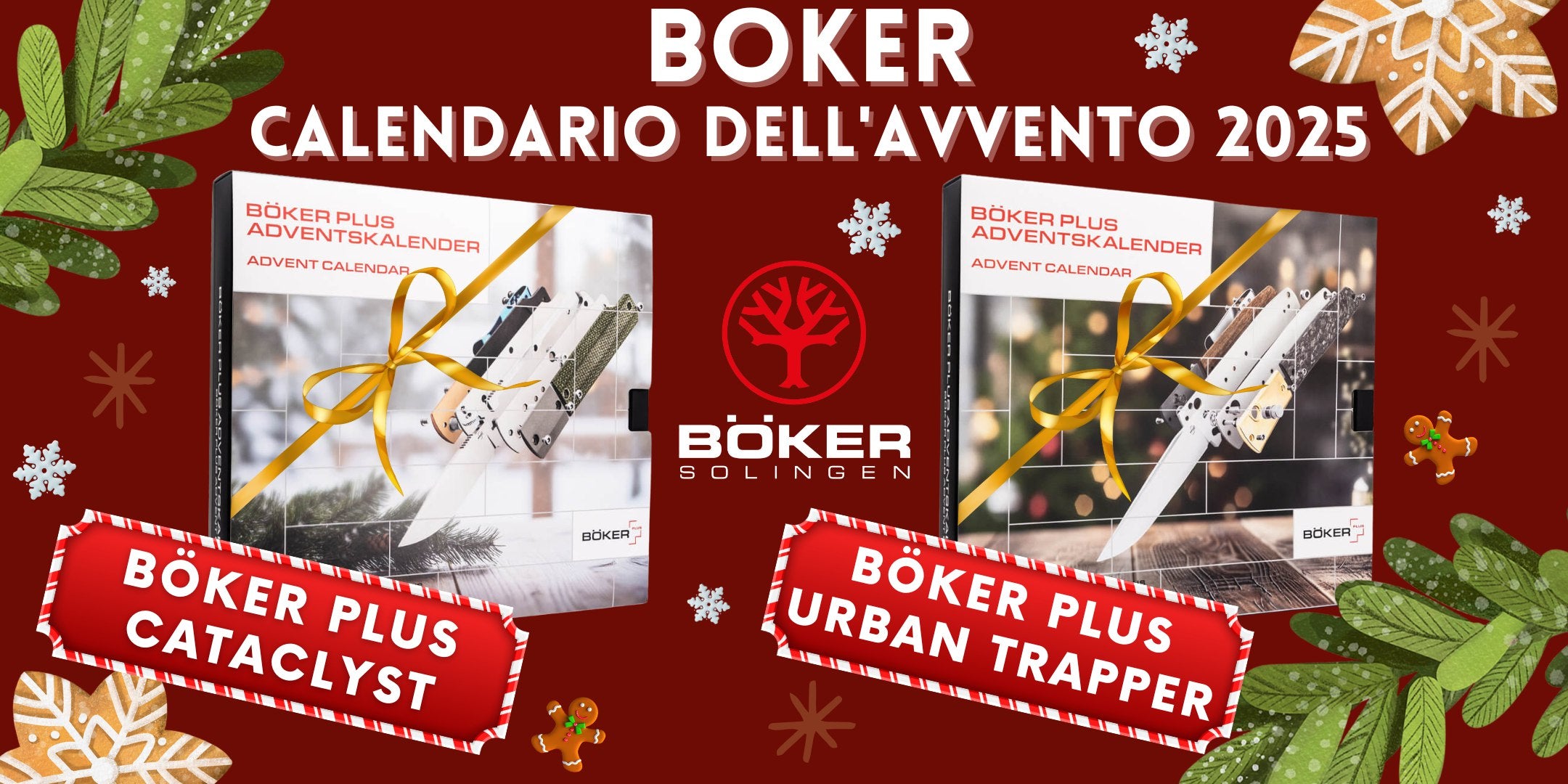 Banner Böker Calendario dell'Avvento 2025, kit da costruire Böker Plus Cataclyst e Urban Trapper, idea regalo natalizia per appassionati di coltelleria e collezionisti, su backpacco.it