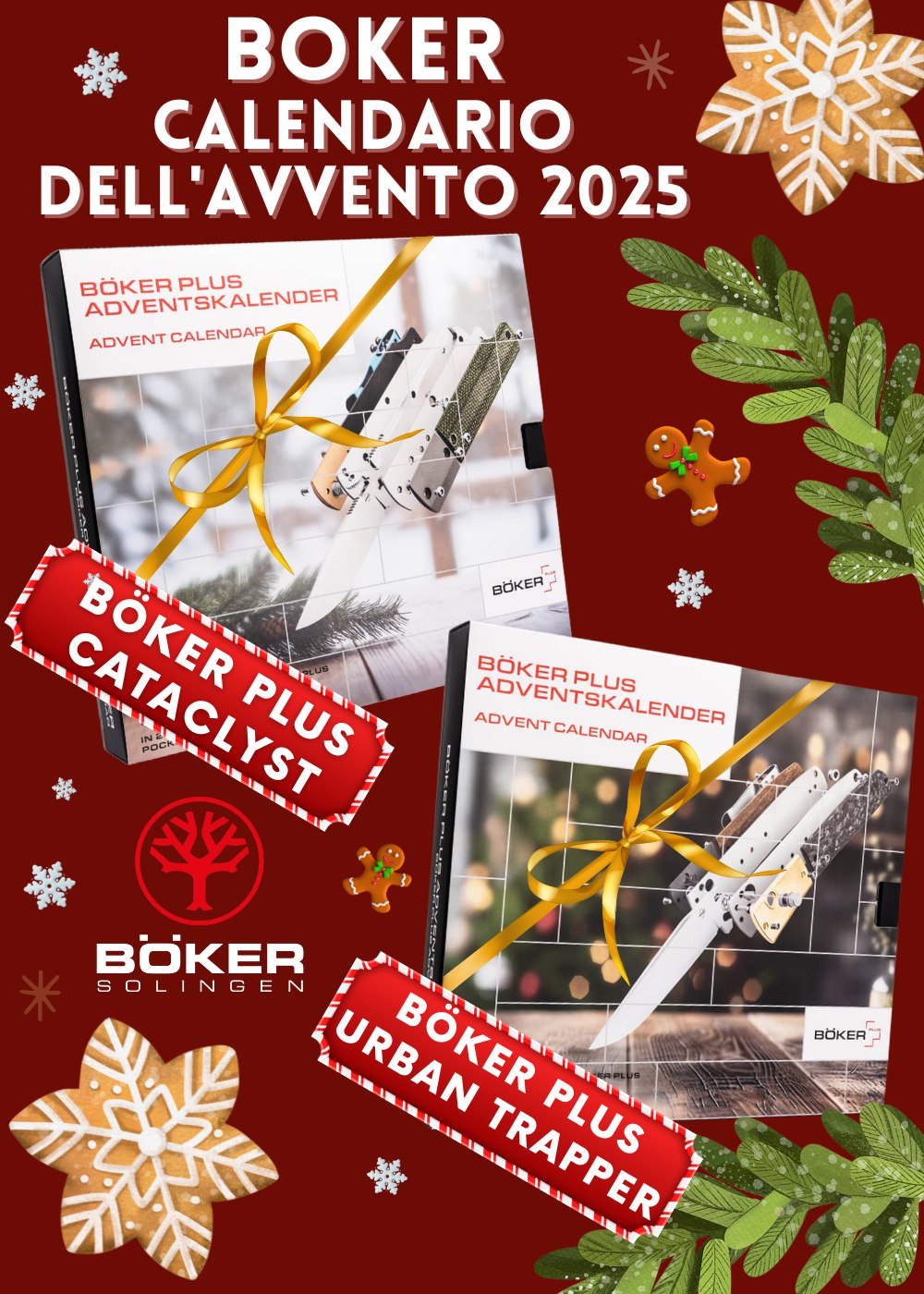 Banner Böker Calendario dell'Avvento 2025, kit da costruire Böker Plus Cataclyst e Urban Trapper, idea regalo natalizia per appassionati di coltelleria e collezionisti, su backpacco.it