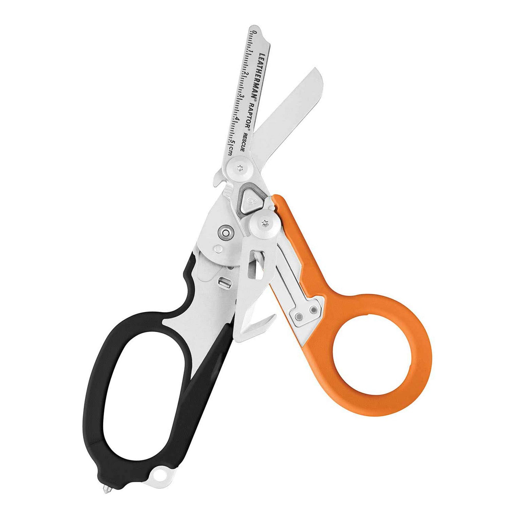 Forbice leatherman raptor response nera e arancione aperta con utensili dispiegati