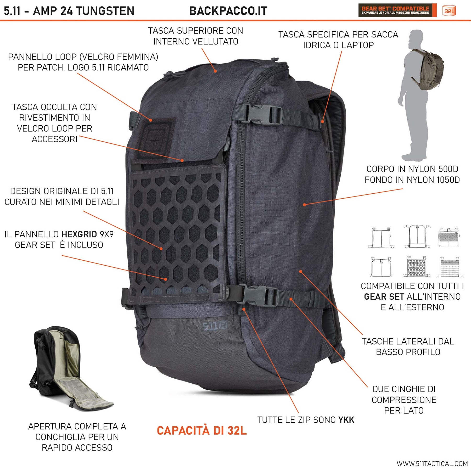 56393 - Zaino AMP24 di 5.11 da 32 litri compatibile con i Gear Set colore tungsteno vista con tutte le caratteristiche tecniche e tutte le tasche