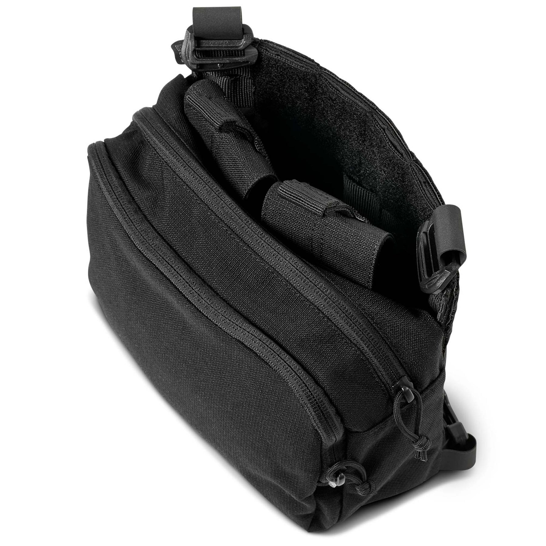 Tasca applicabile agli zaini AMP di 5.11 - Gear Set modello 2 banger in colore nero vista dall'alto senza caricatori. Codice articolo 56400