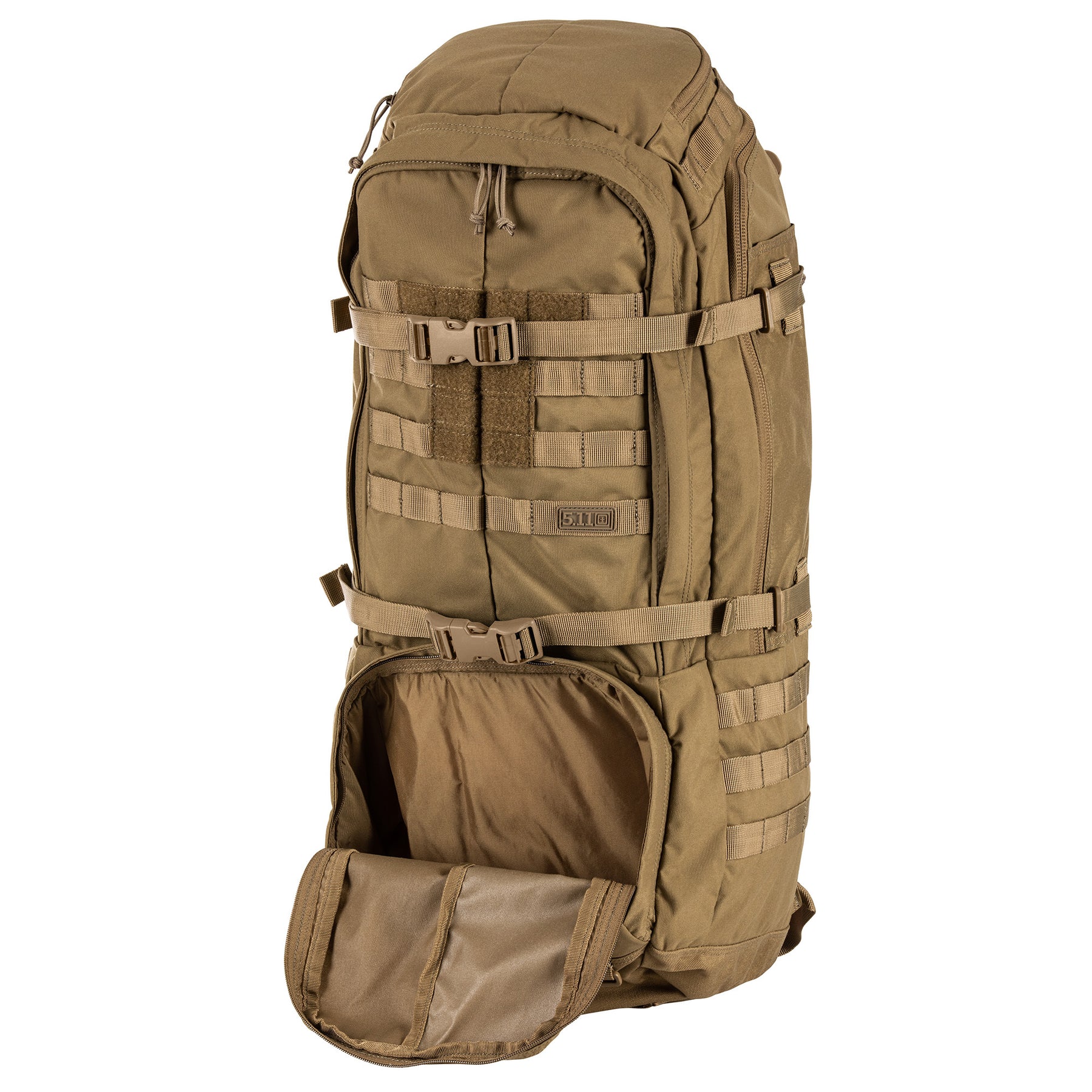 ZAINO RUSH100 60 litri di 5.11 Tactical Kangaroo (sabbia) - vista con tasca inferiore aperta