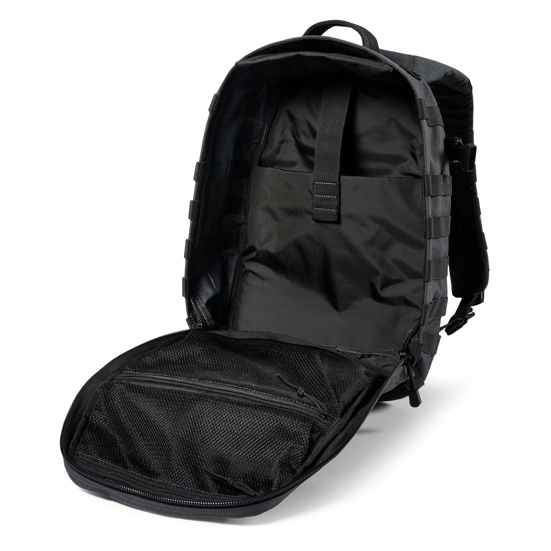 Zaino RUSH12 2.0 di 5.11 Tactical Double Tap - Vista tasca principale aperta e tasca imbottita laptop