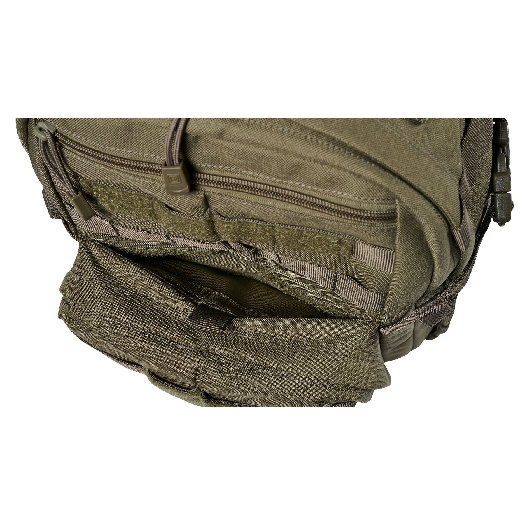 Zaino RUSH12 2.0 di 5.11 Tactical Ranger Green - Vista tasca porto occulto e taschino superiore