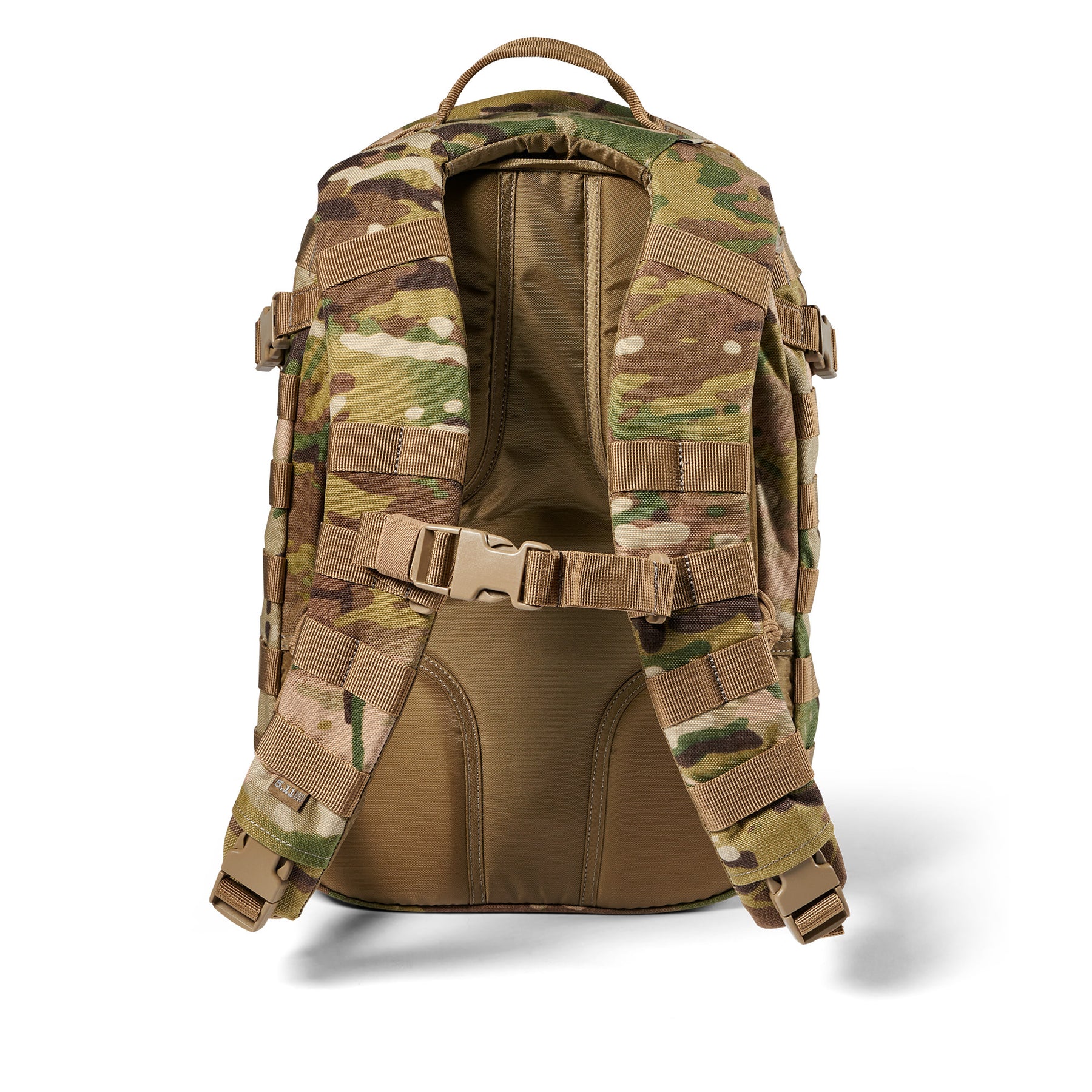 Zaino RUSH12 2.0 di 5.11 Tactical Multi Cam Mimetico - Vista retro e spallacci con schienale traspirante