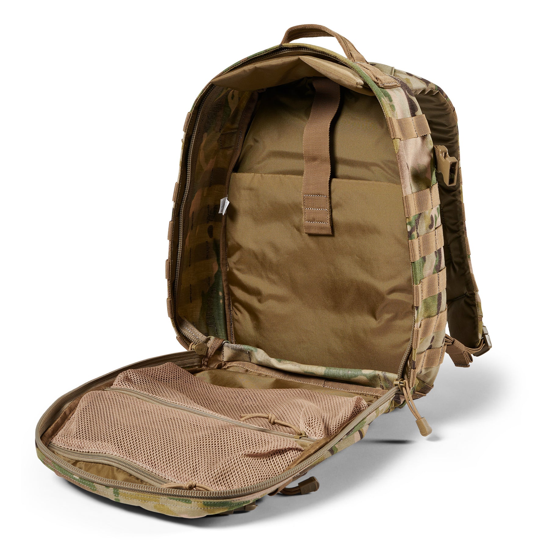 Zaino RUSH12 2.0 di 5.11 Tactical Multi Cam Mimetico - Vista completamente aperto con taschini a rete interni