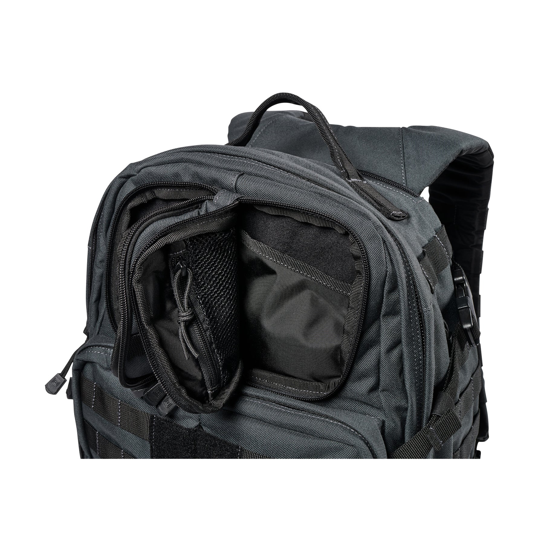 Zaino RUSH24 2.0 di 5.11 Tactical Double Tap (grigio e nero) - dettaglio tasca a farfalla