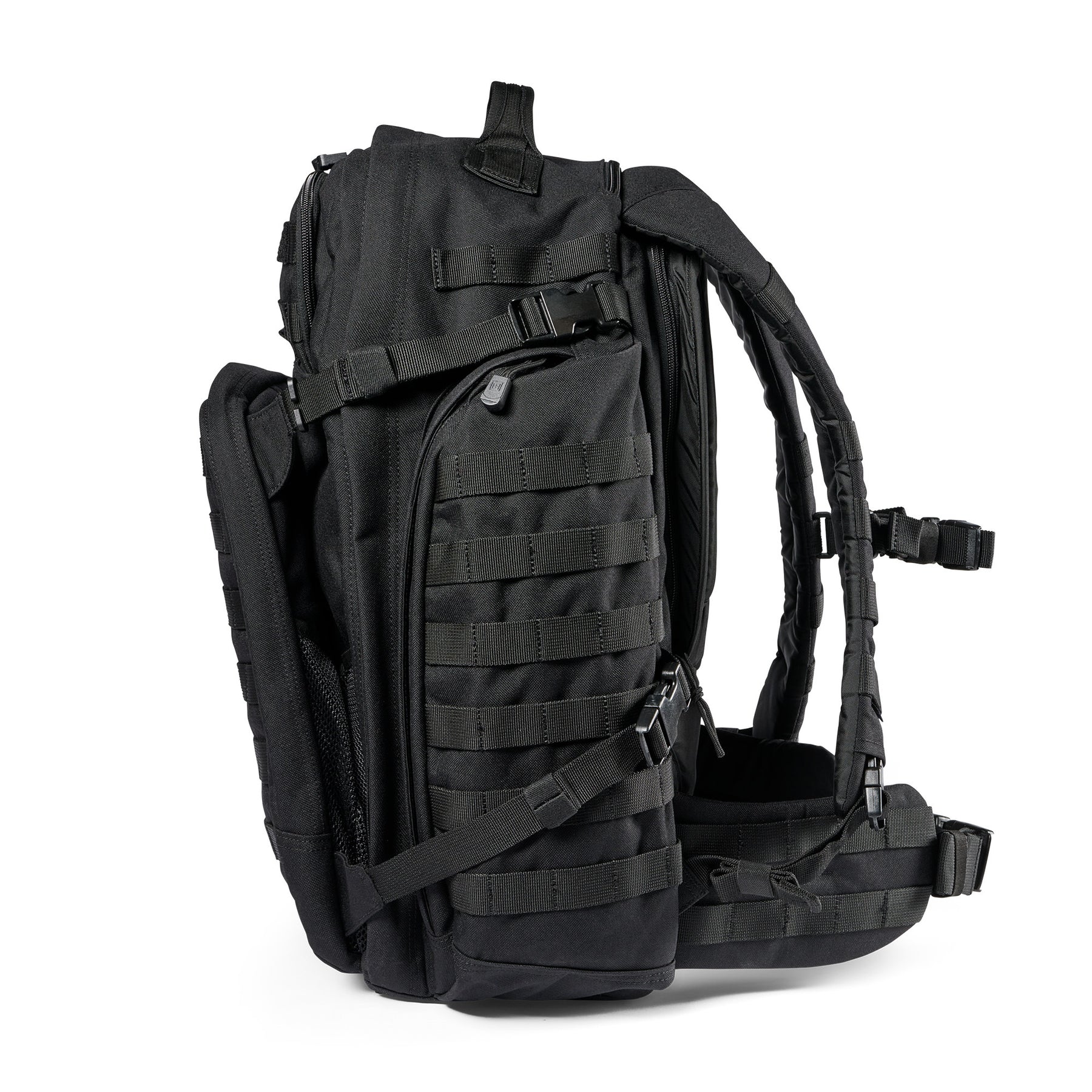 Zaino RUSH72 2.0 di 5.11 Tactical Black (nero) - vista laterale e cinturone