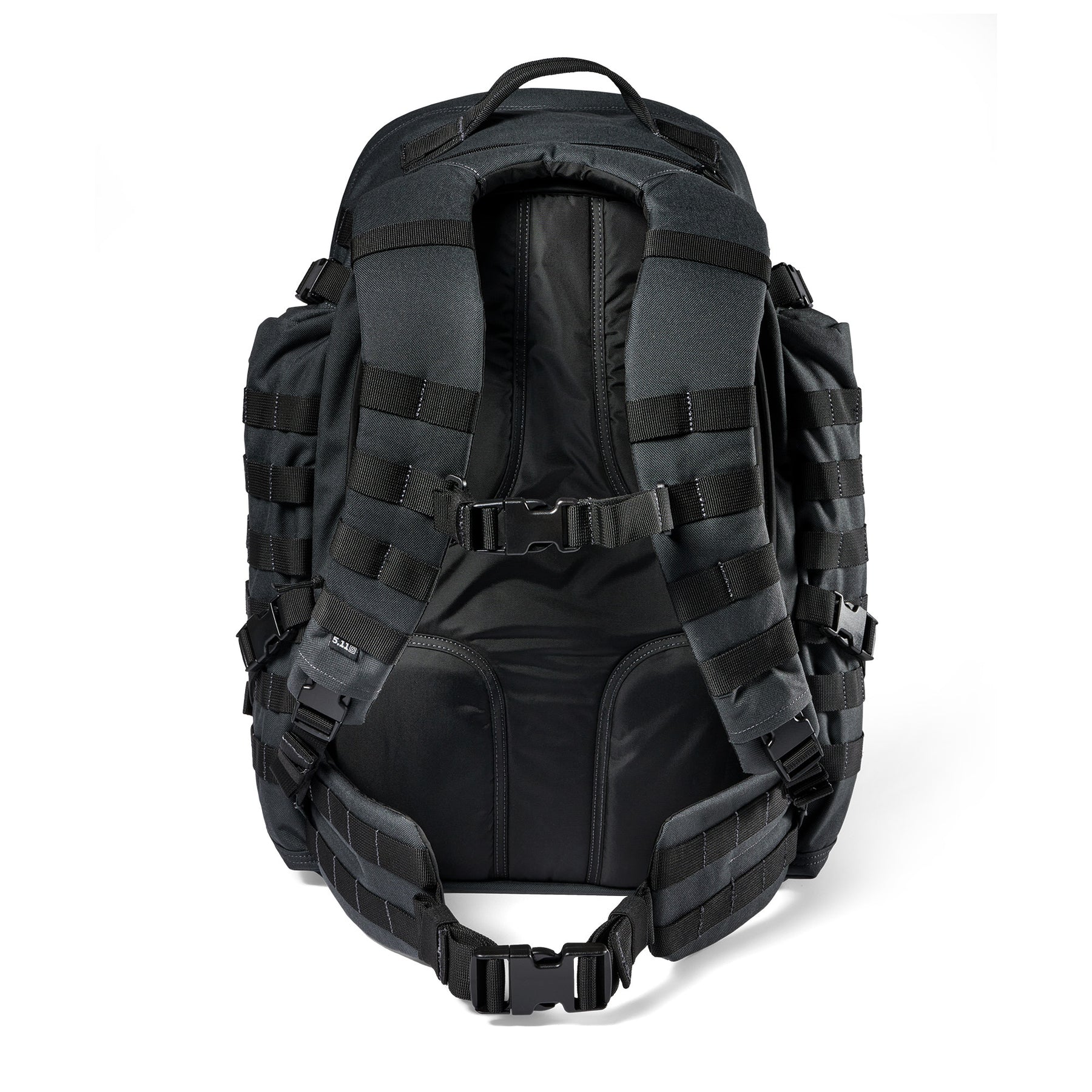 Zaino RUSH72 2.0 di 5.11 Tactical Double Tap (grigio e nero) - vista schienale e spallacci con cinturone