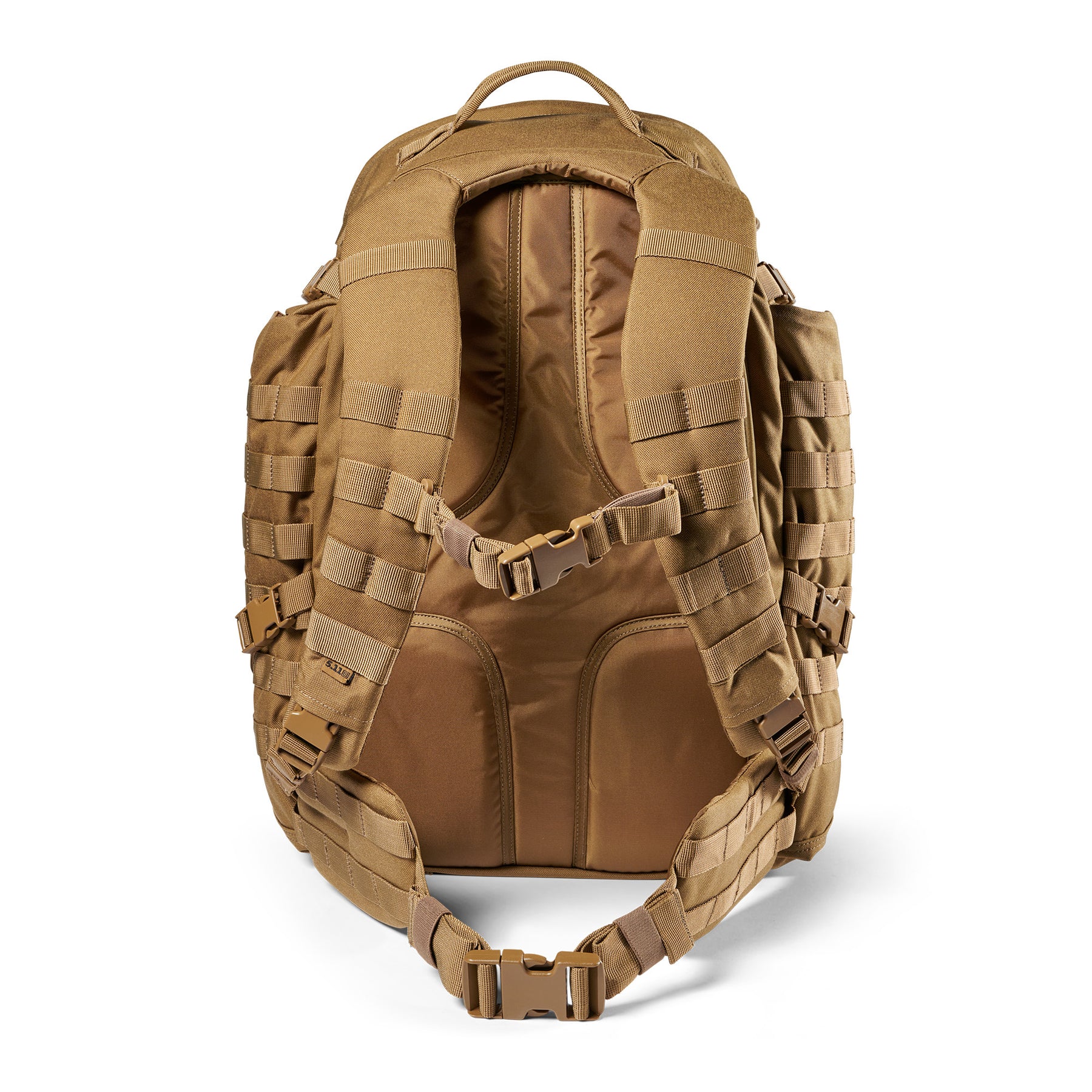 Zaino RUSH72 2.0 di 5.11 Tactical Kangaroo (sabbia) - vista schienale, cinghia sternale e cintura lombare