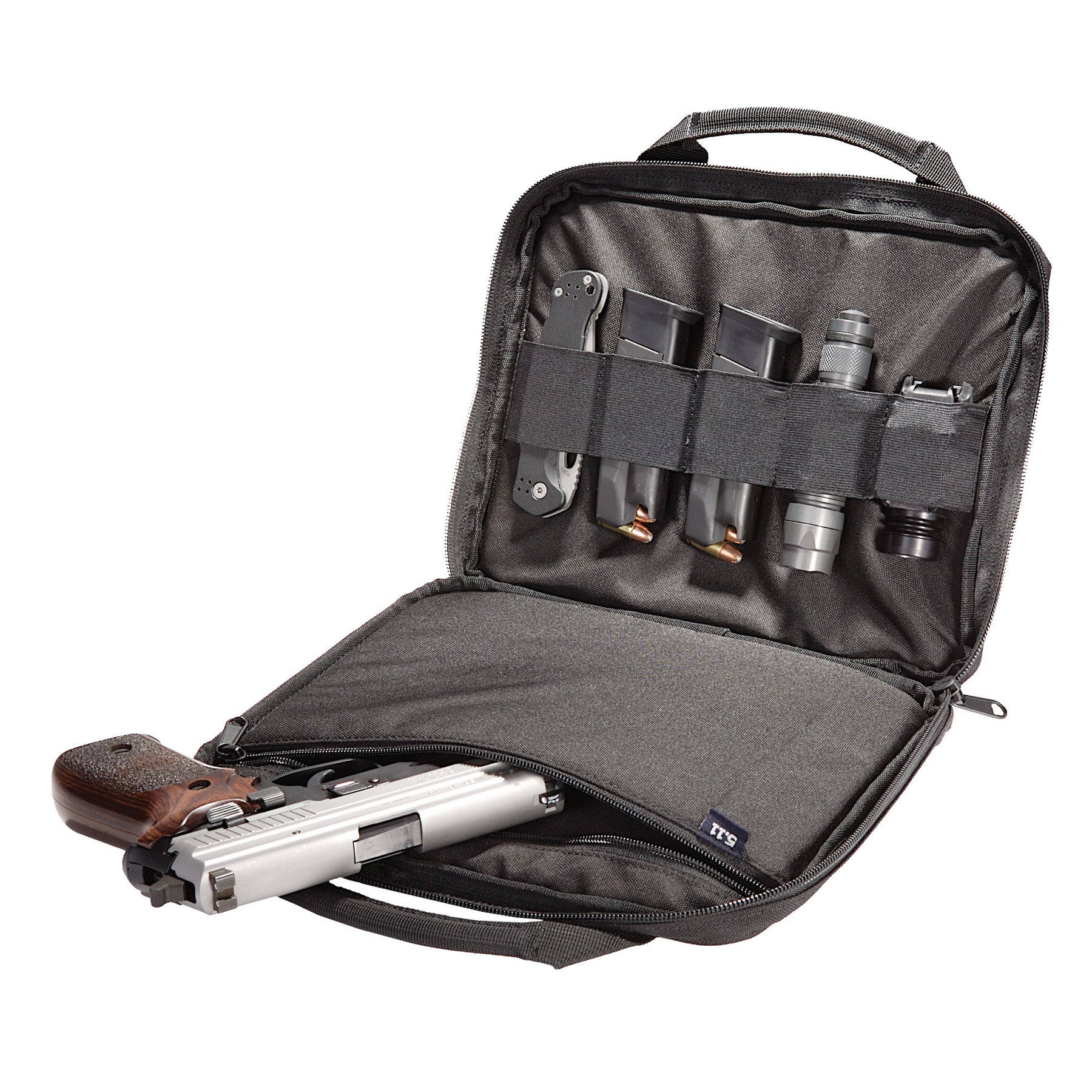 Single Pistol Case di 5.11 variante ranger green vista aperta con attrezzatura