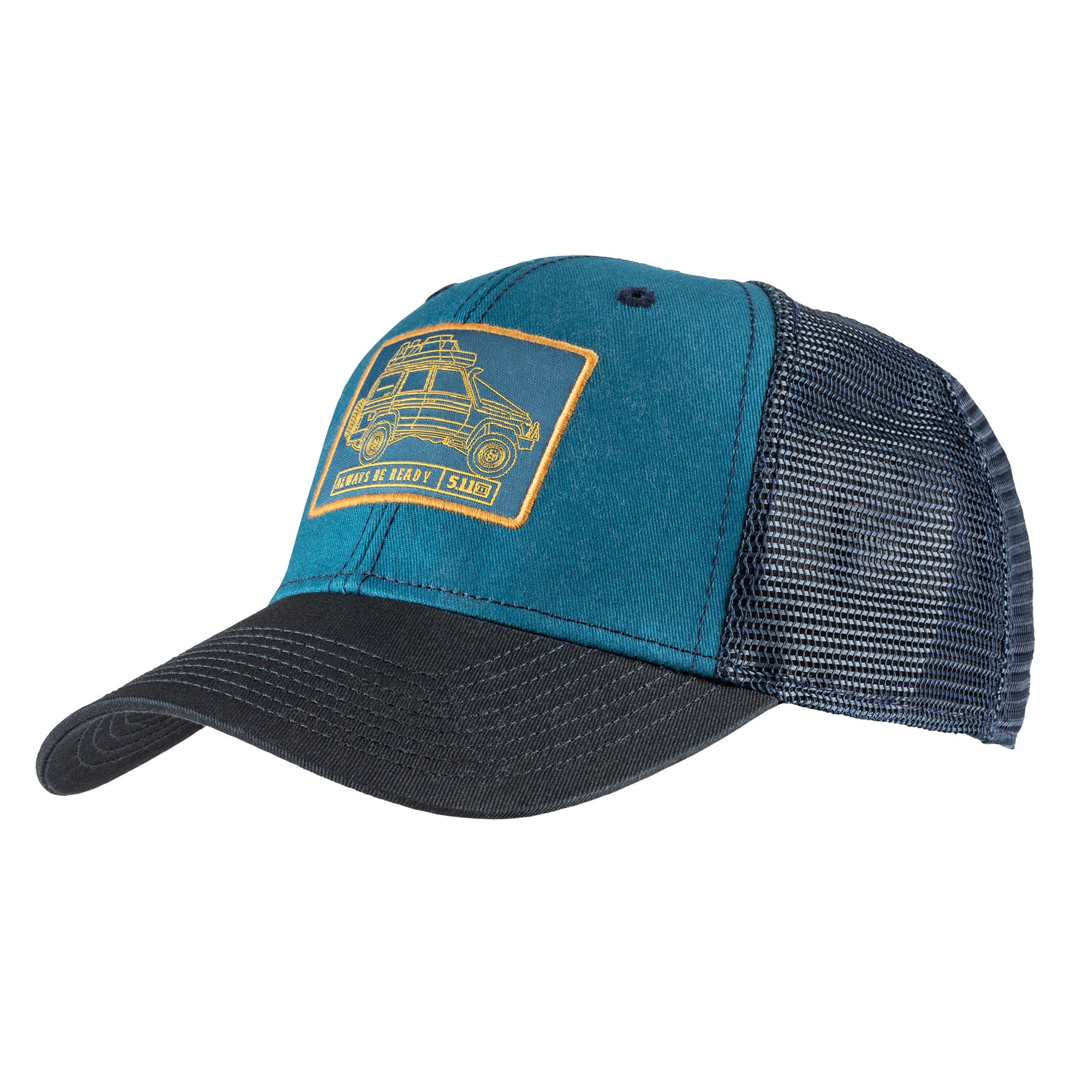 vista del cappello di 5.11 OFFROAD DREAMIN TRUCKER con grafica del fuoristrada attrezzato e ALWAYS BE READY
