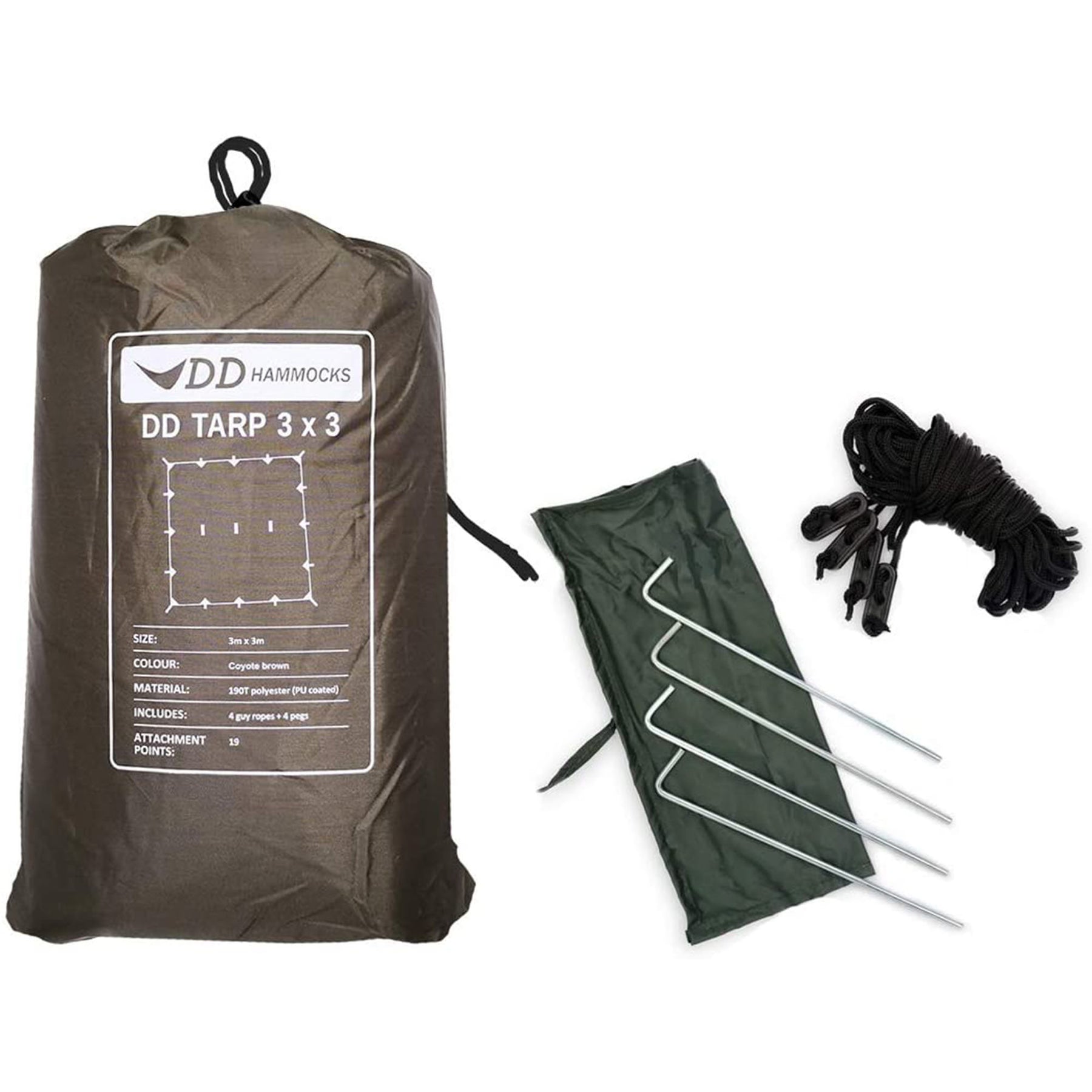 DD Tarp 3x3 coyote brown nel suo sacchetto con i picchetti e i cordini