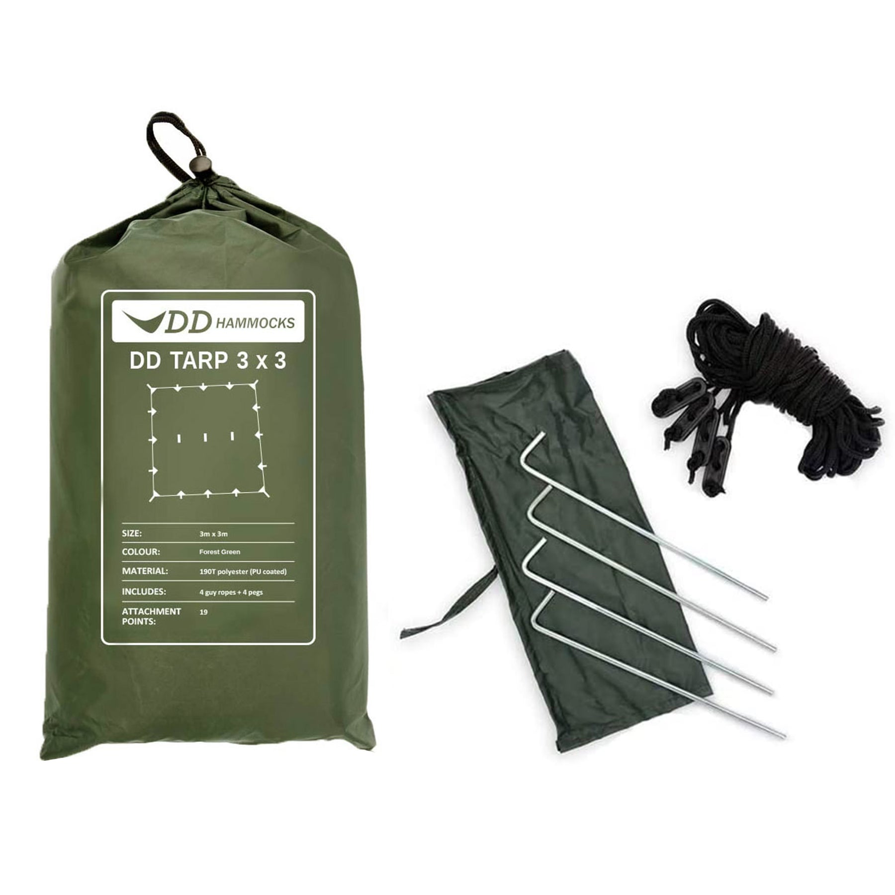 DD Tarp 3x3 forest green nel suo sacchetto con i picchetti e i cordini