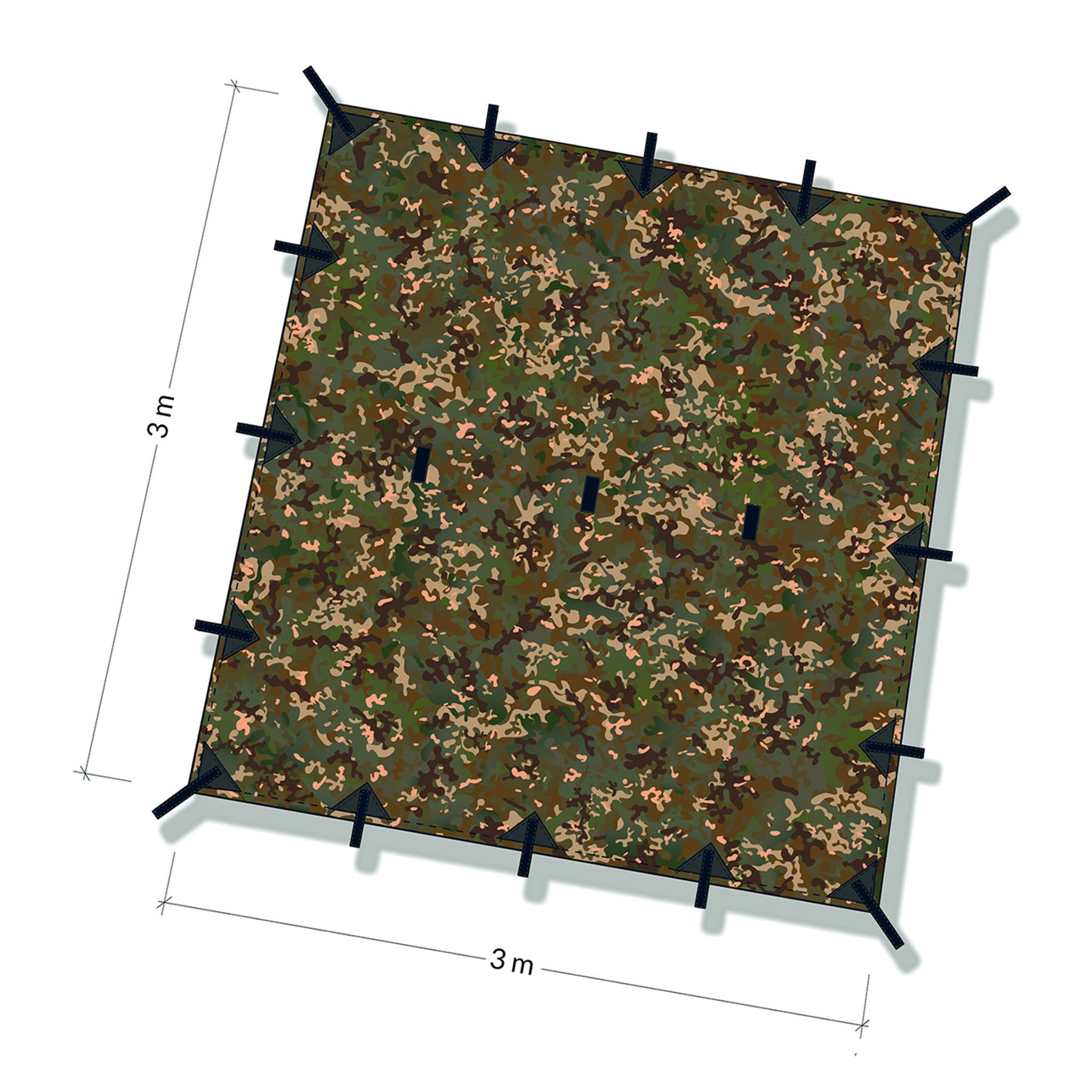 DD Tarp 3x3 multicam - illustrazione con quote per misura in metri