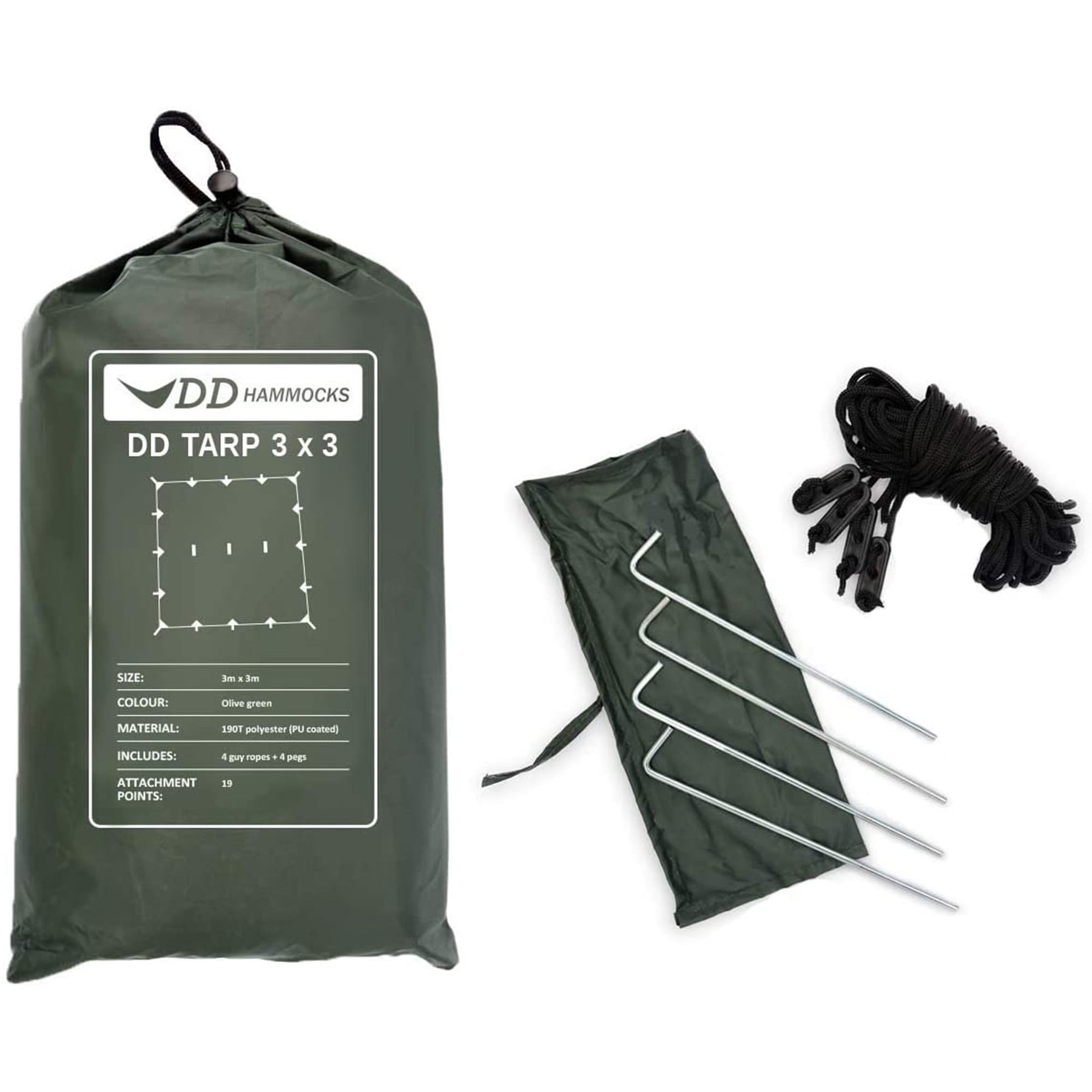 DD Tarp 3x3 olive green nel suo sacchetto con i picchetti e i cordini