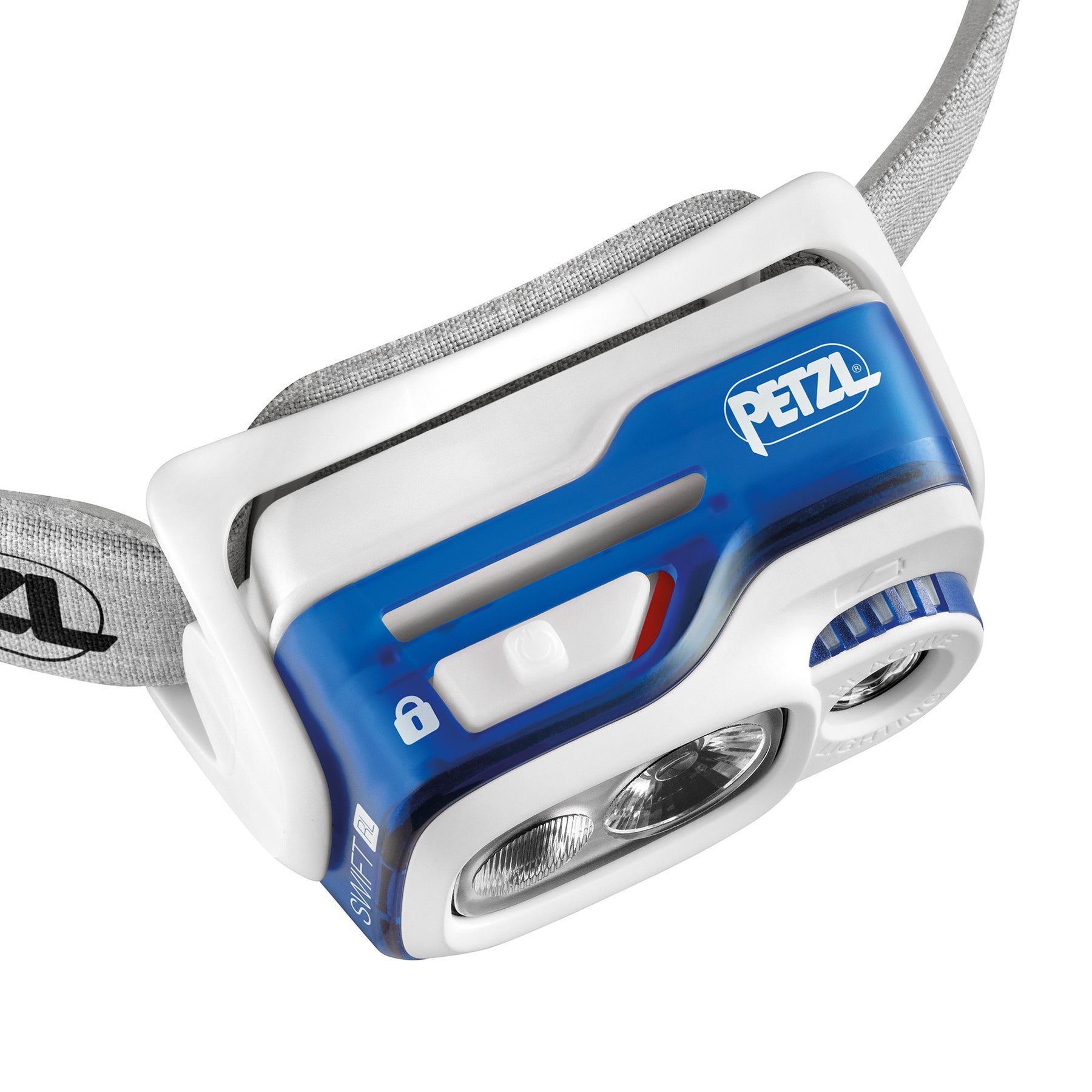 Petzl Swift RL blu - dettaglio del pulsante di attenzione