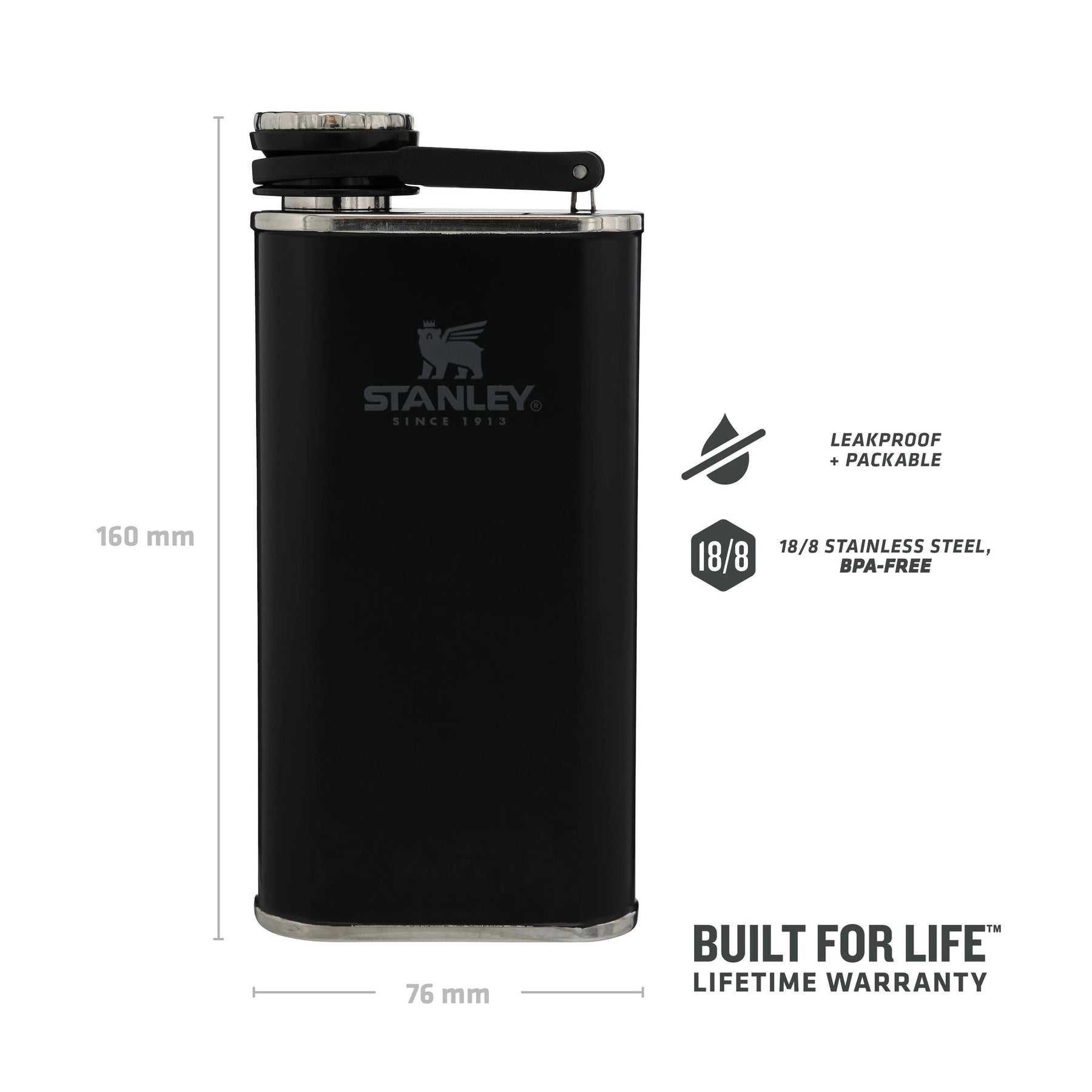STANLEY CLASSIC EASY FILL WIDE MOUTH FLASK matte black pebble infografia
