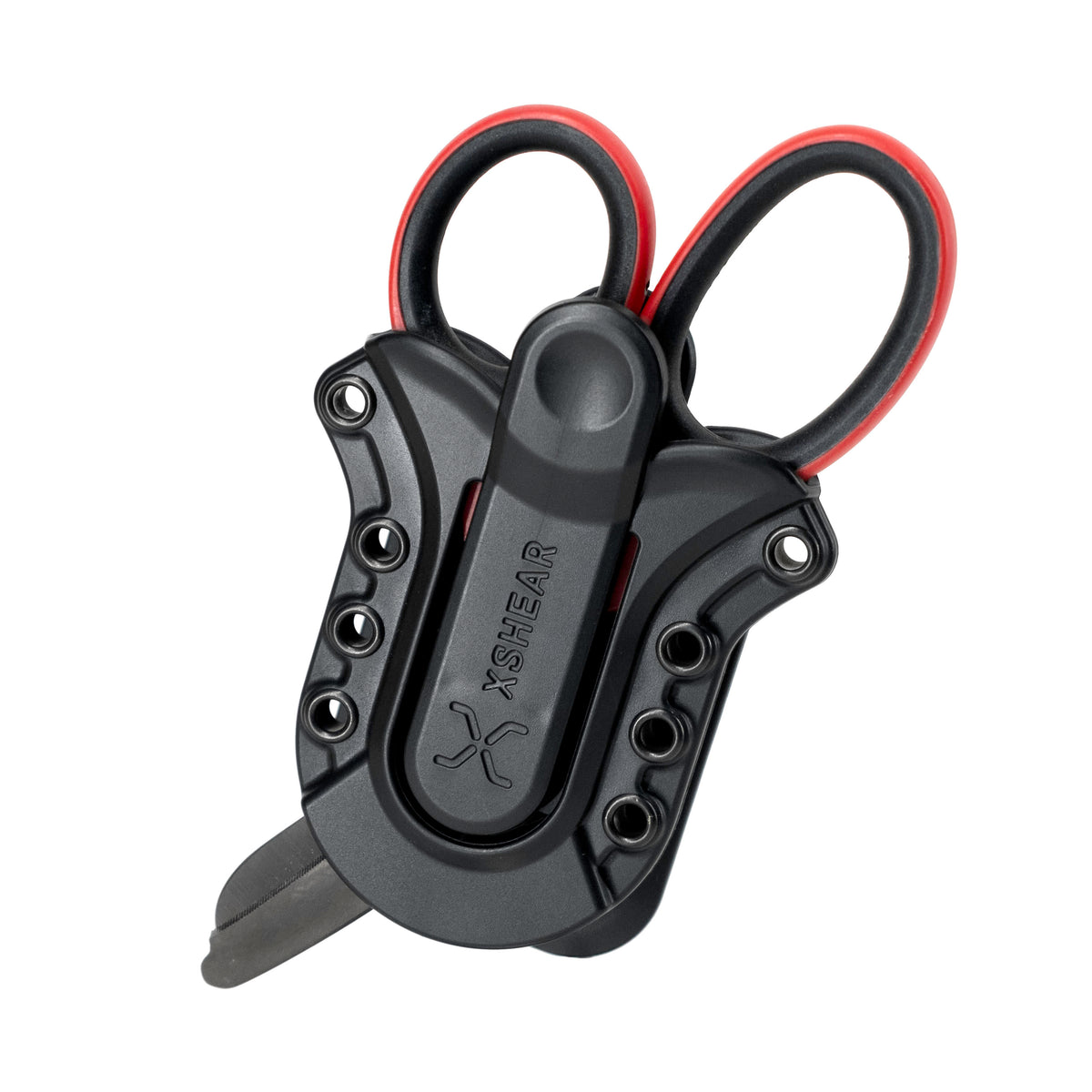 fondina rigida per forbici xshear compatibile con il sistema MOLLE e i cinturoni con forbice rossa - vista forntale