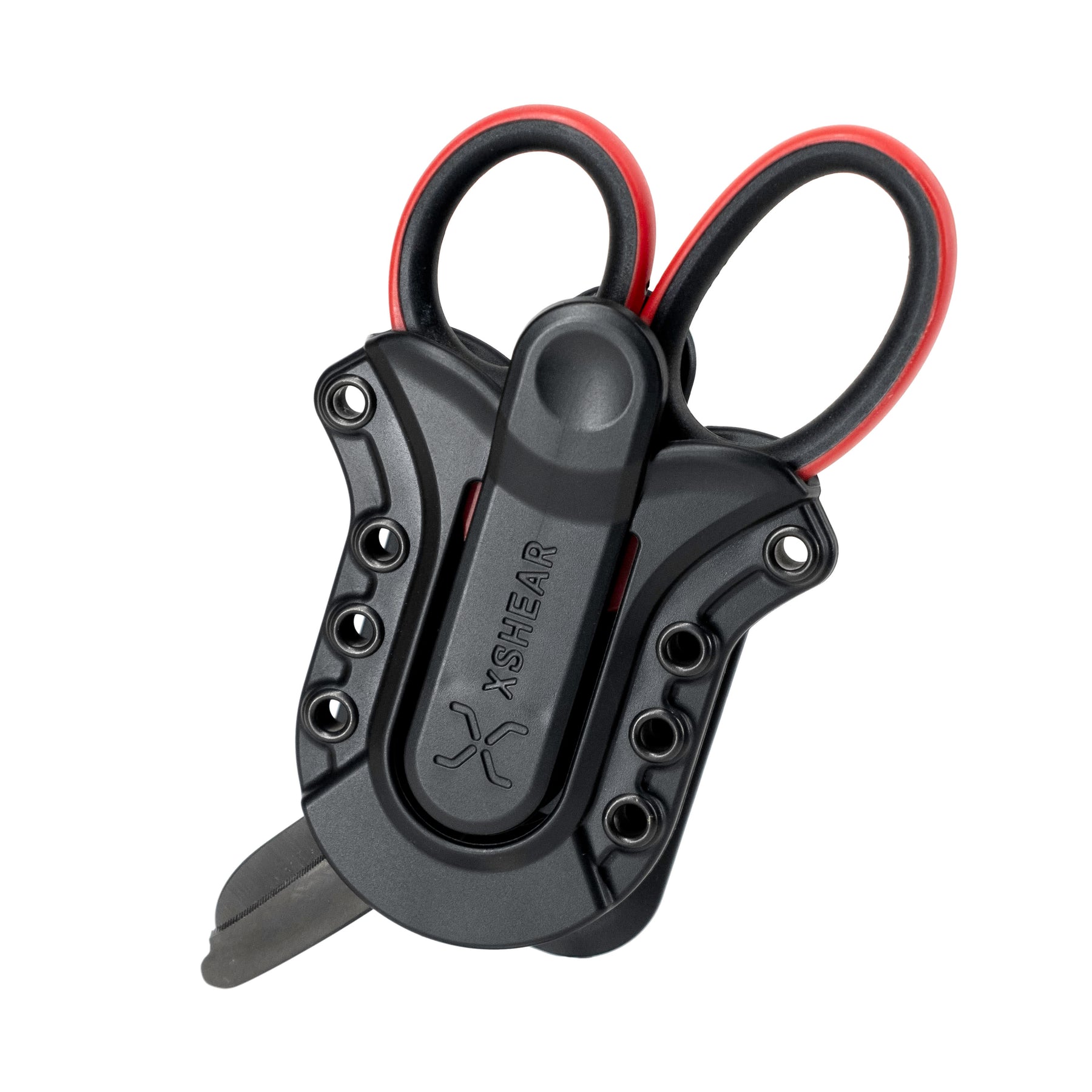 fondina rigida per forbici xshear compatibile con il sistema MOLLE e i cinturoni con forbice rossa - vista forntale