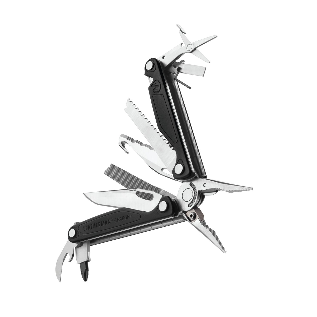 Leatherman Charge Plus con guancette in alluminio anodizzato nere aperto e con gli strumenti in vista posizione dinamica