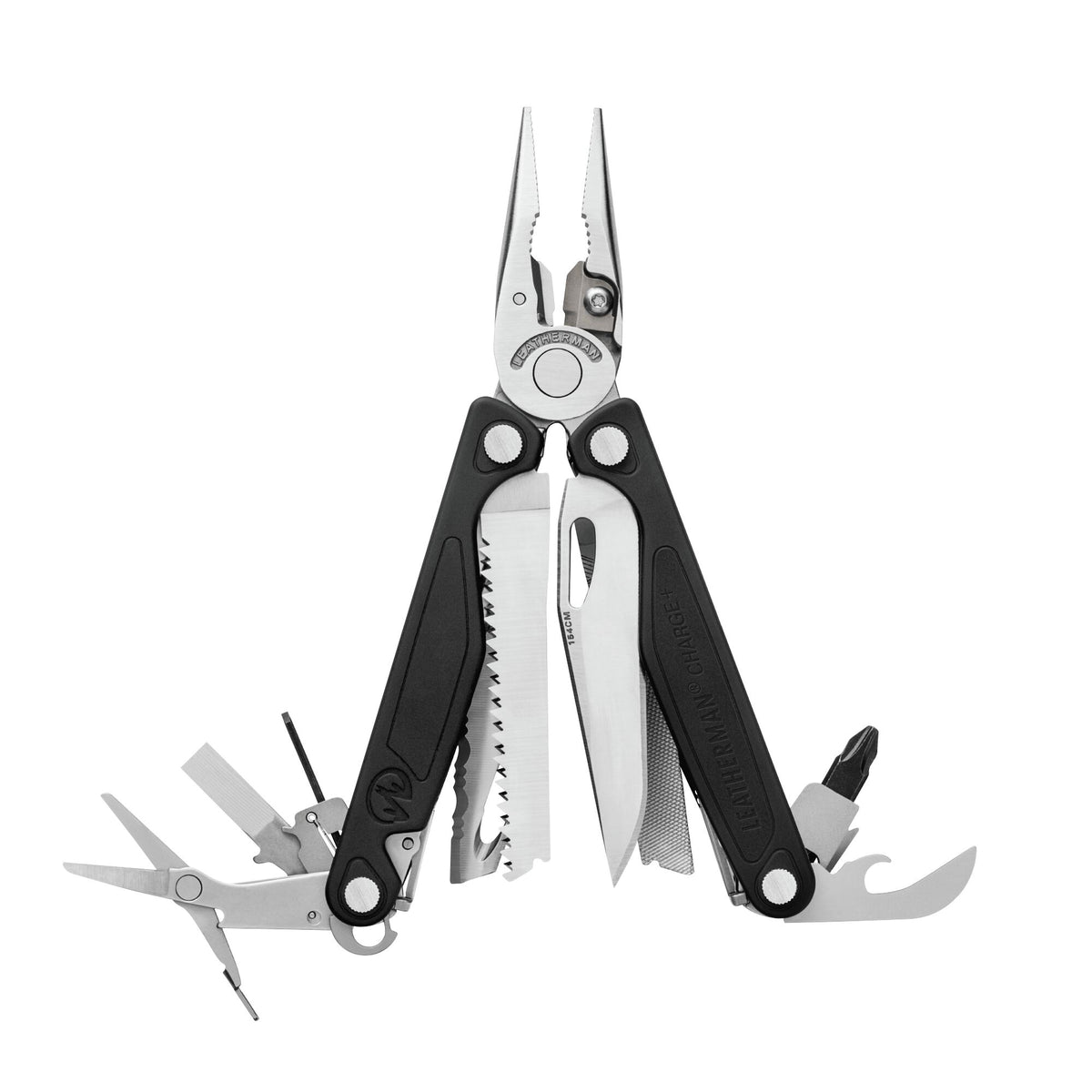 Leatherman Charge Plus con guancette in alluminio anodizzato nere aperto e con gli strumenti in vista