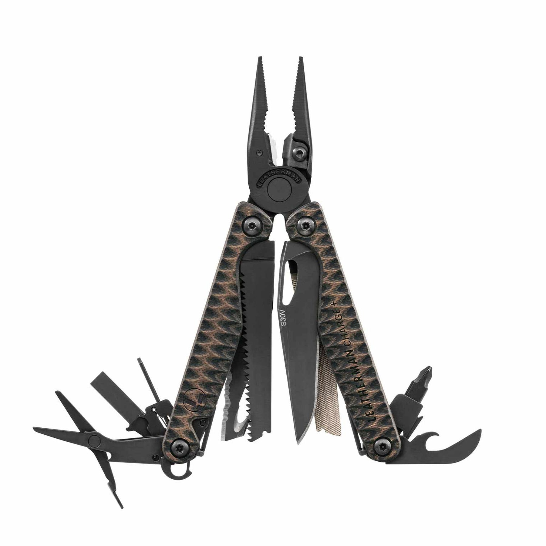 Leatherman Charge Plus con guancette in G10 Earth aperto e con gli utensili in vista