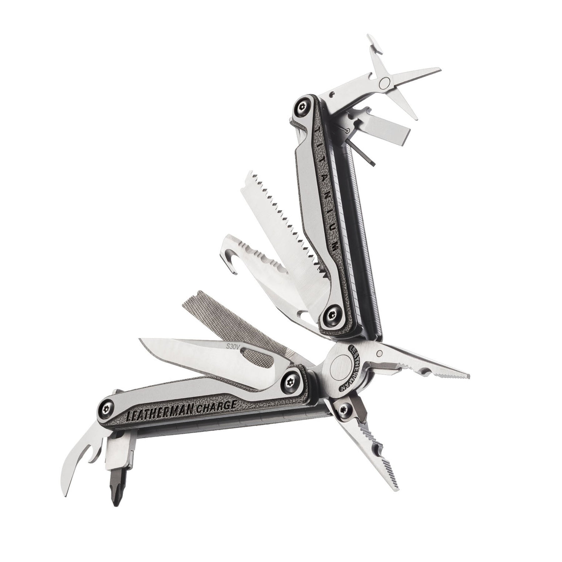Leatherman Charge Plus TTI con guancette in titanio aperto e con gli utensili in vista dinamico