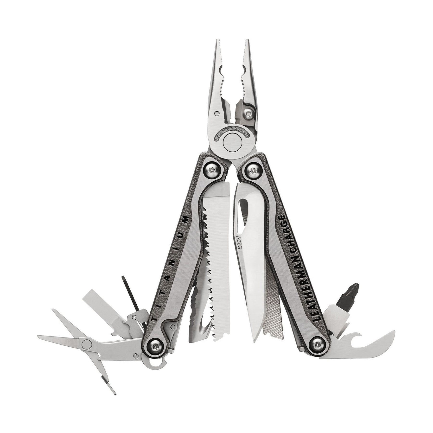 Leatherman Charge Plus TTI con guancette in titanio aperto e con gli utensili in vista
