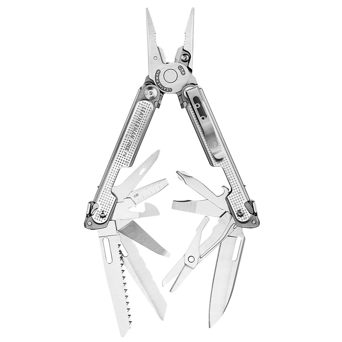 Leatherman FREE P4 aperto con tutti gli strumenti esposti