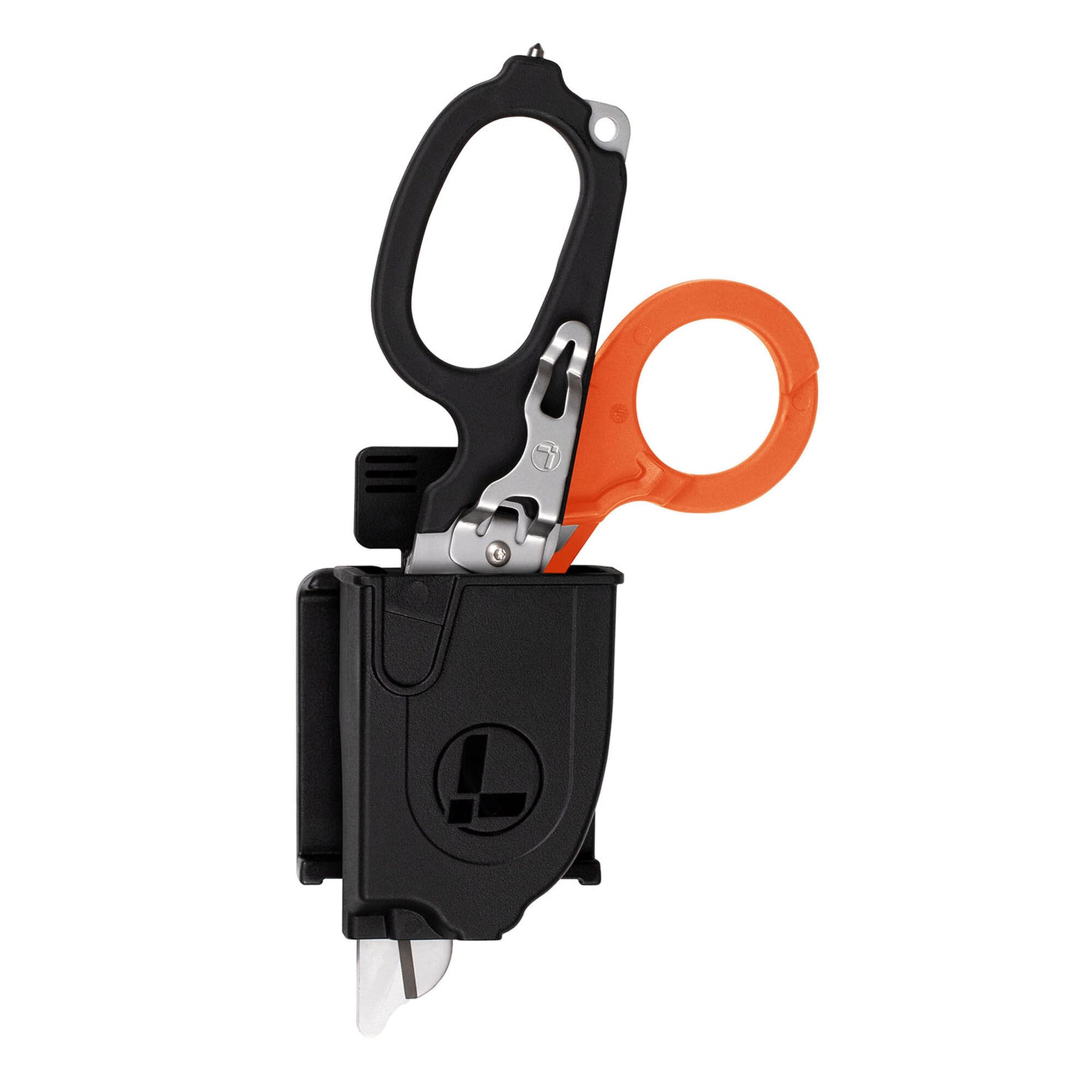 Forbice leatherman raptor response nera e arancione aperta e inserita in custodia