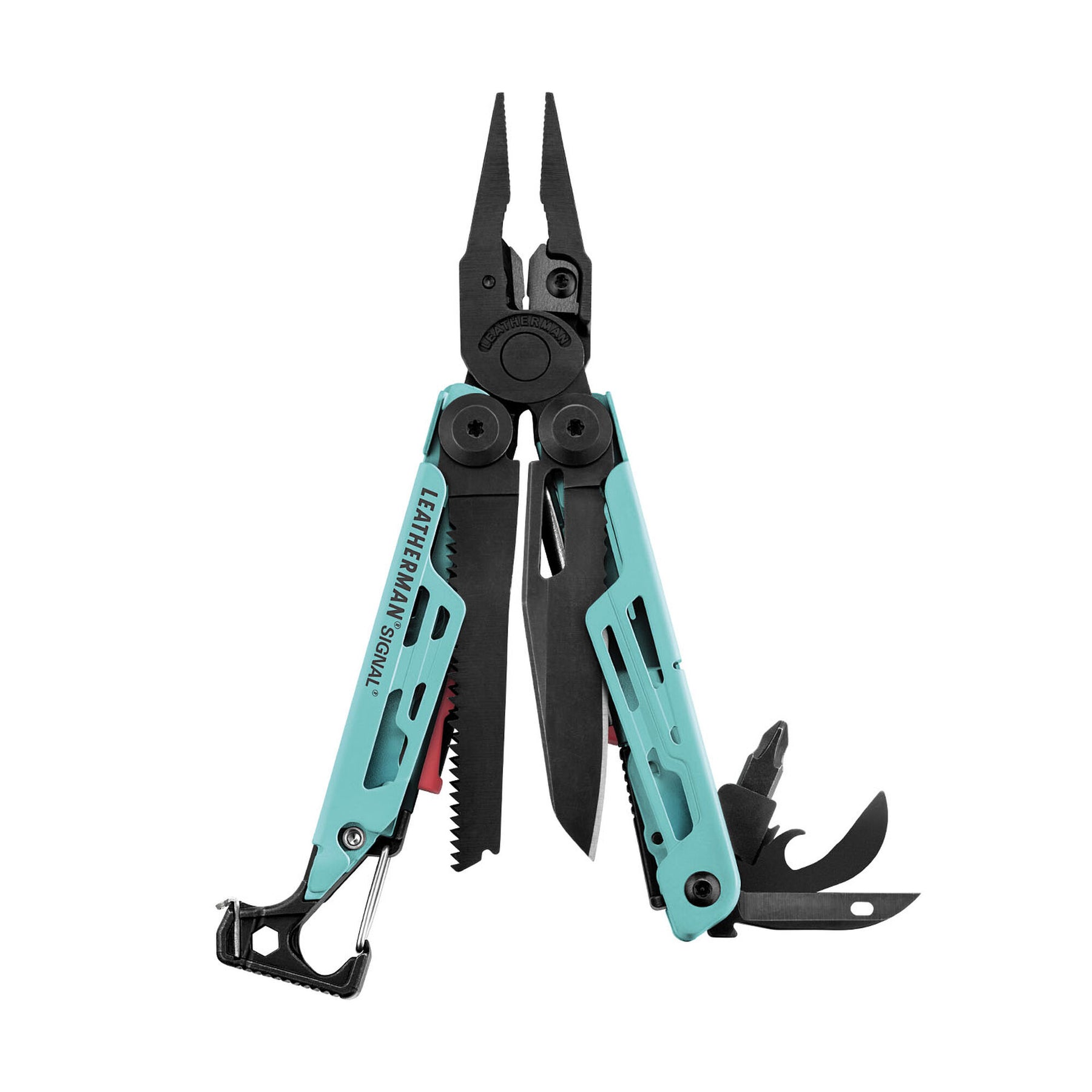 Leatherman Signal Aqua aperto con strumenti in vista