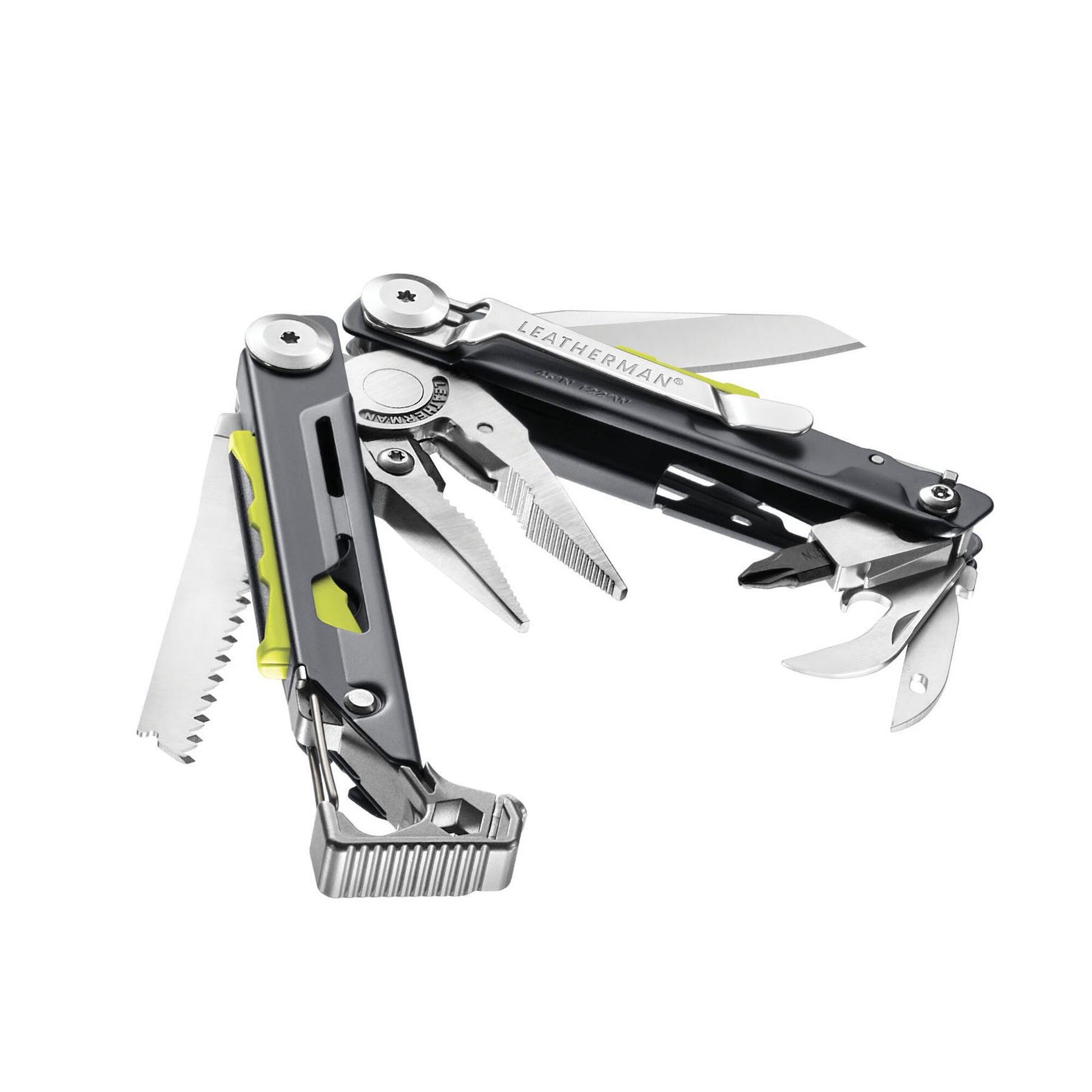 Leatherman Signal Granito aperto con strumenti e pinza in vista