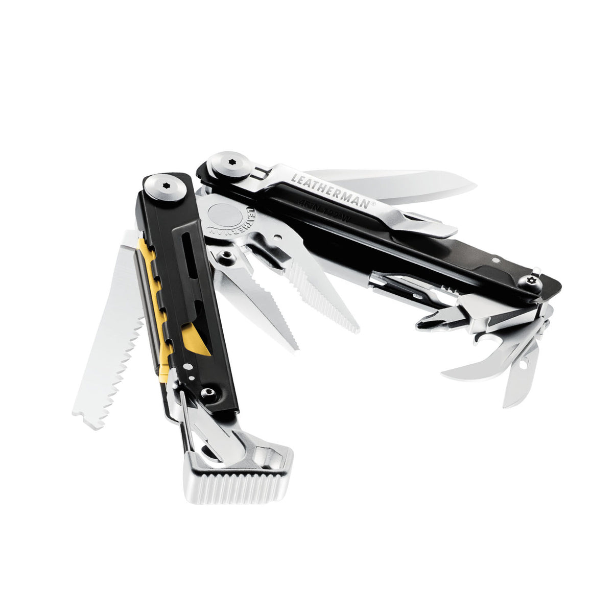 Leatherman Signal Acciaio Inox aperto con strumenti e pinza in vista