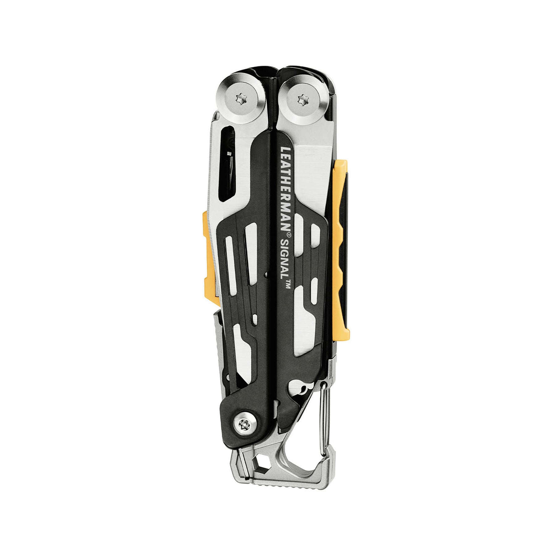 Leatherman Signal Acciaio Inox chiuso con vista sul logo