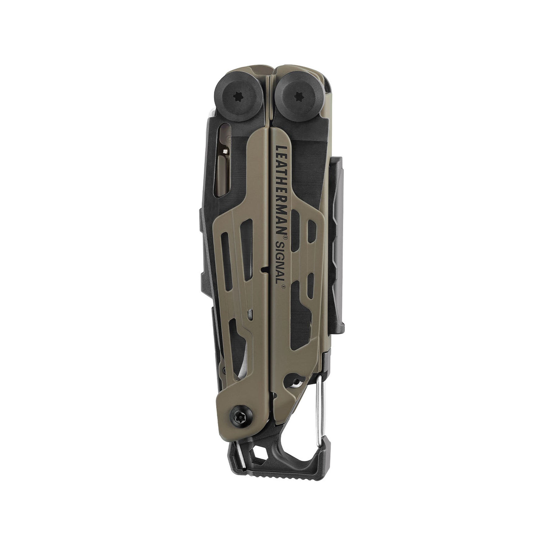 Leatherman Signal Coyote Tan chiuso con vista sul logo