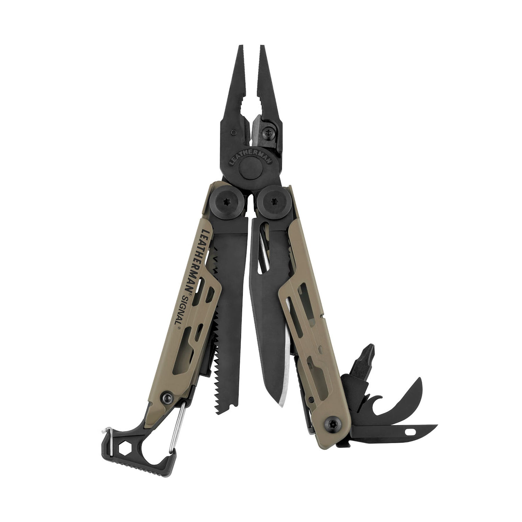 Leatherman Signal Coyote Tan aperto con strumenti in vista