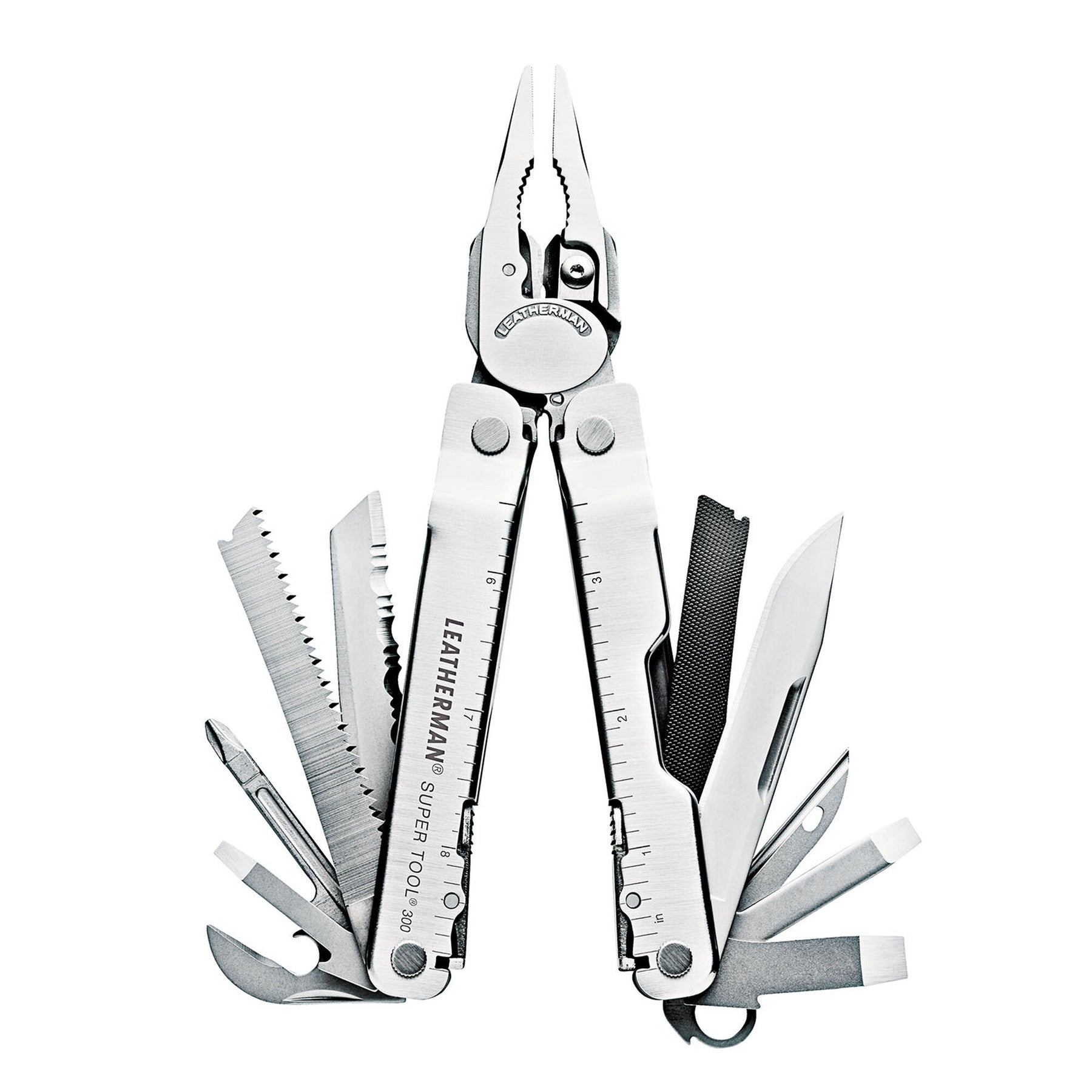 Pinza Leatherman Super Tool 300 aperta con tutti gli utensili in vista