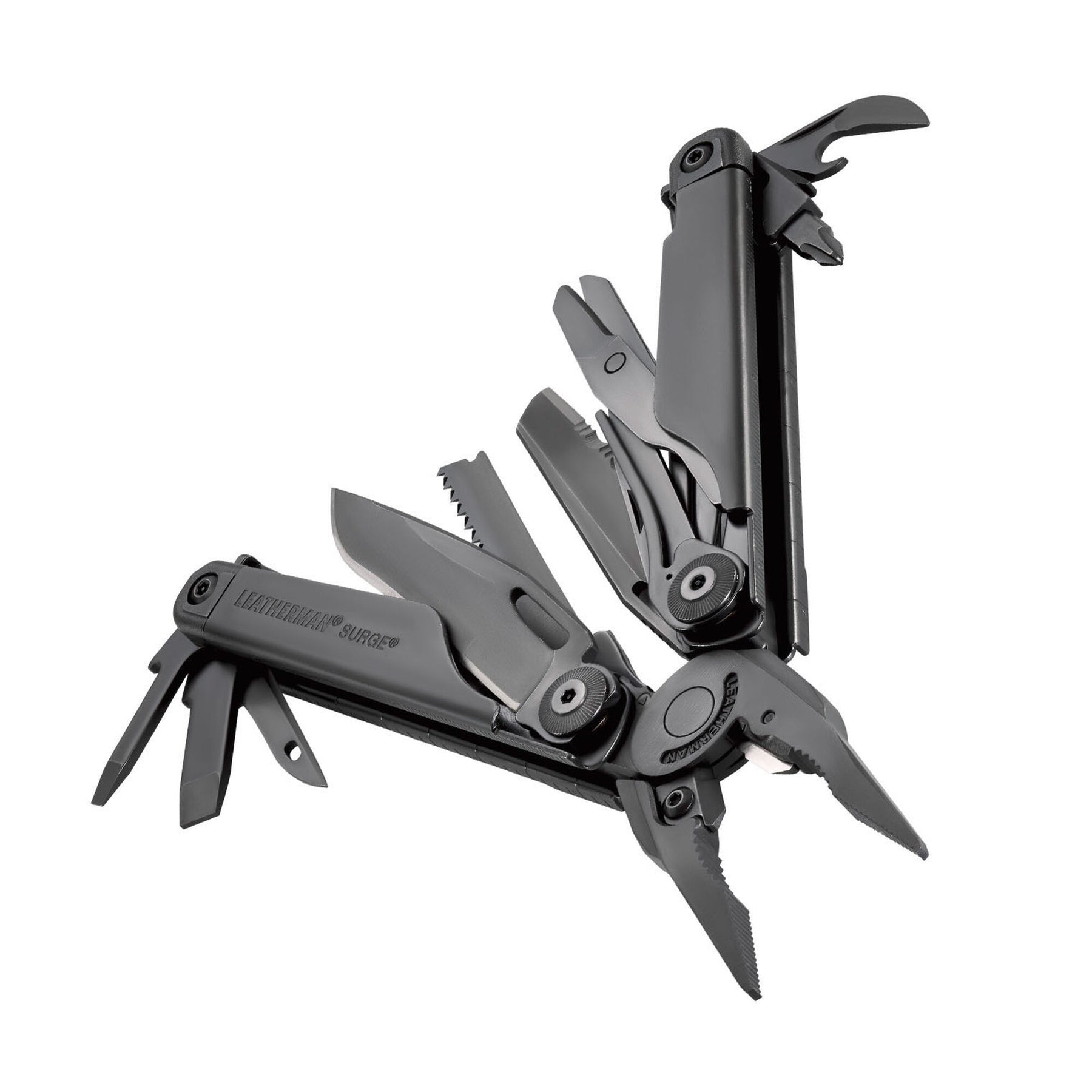 Leatherman Surge Black aperto con tutti gli strumenti in vista - foto angolata