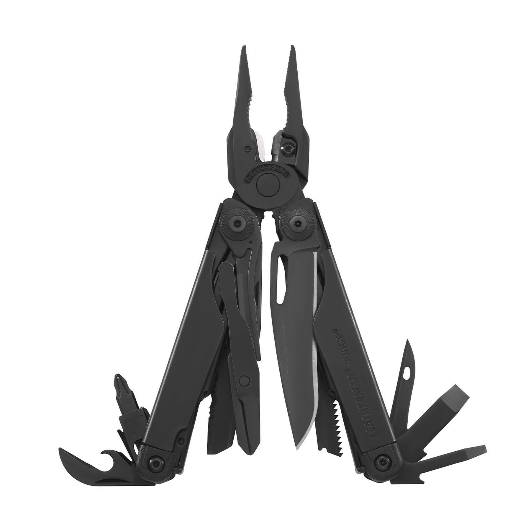 Leatherman Surge Black aperto con tutti gli strumenti in vista