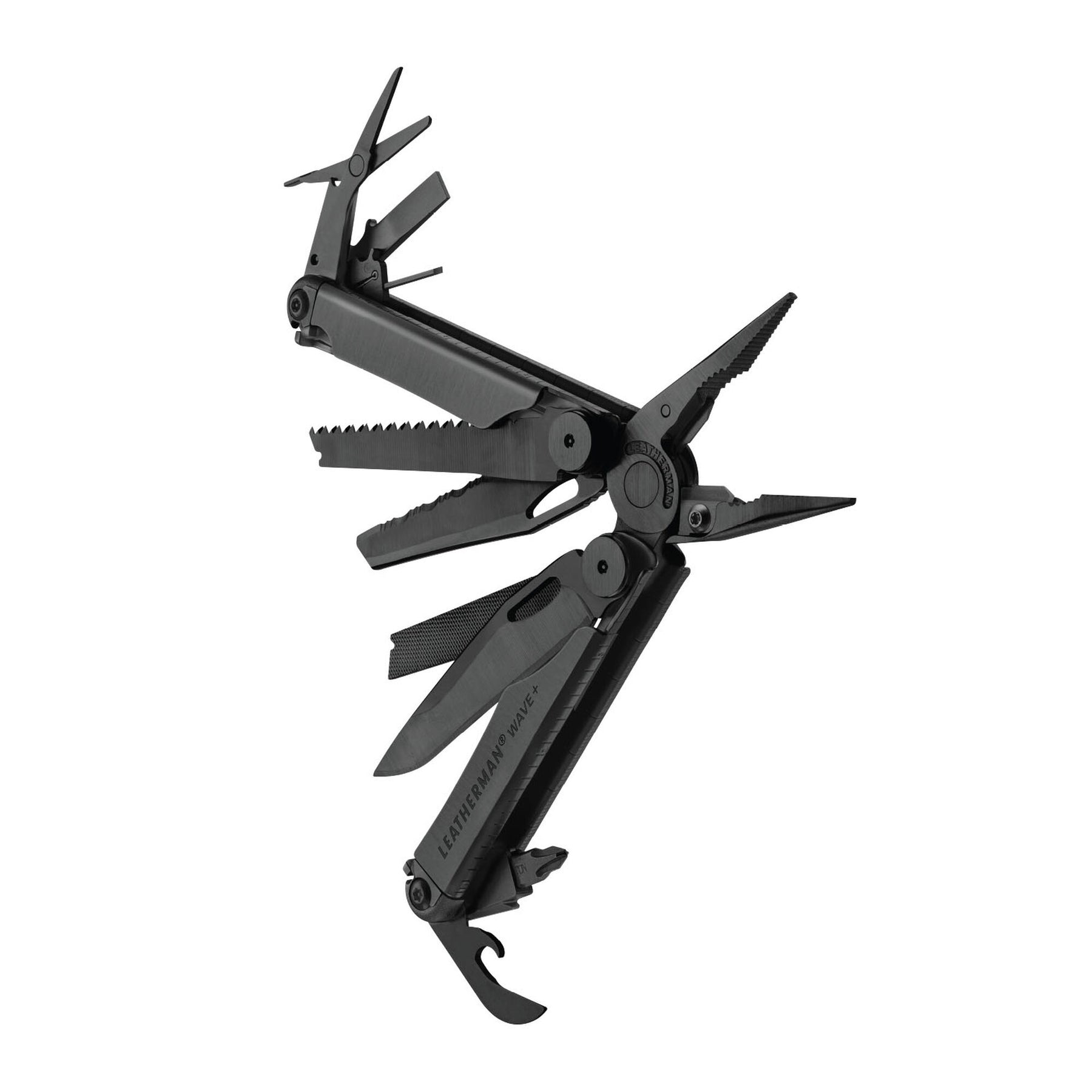 Leatherman Wave Plus Black aperto con strumenti in vista angolato