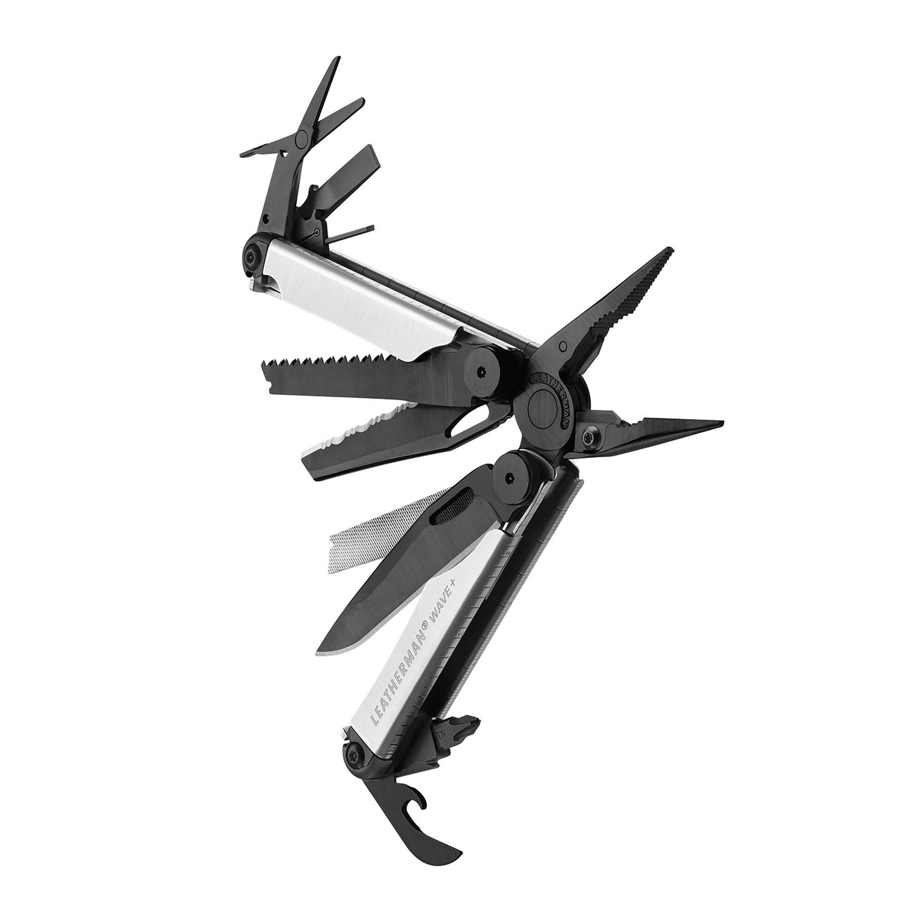Leatherman Wave Plus Black & Silver aperto con strumenti in vista angolato