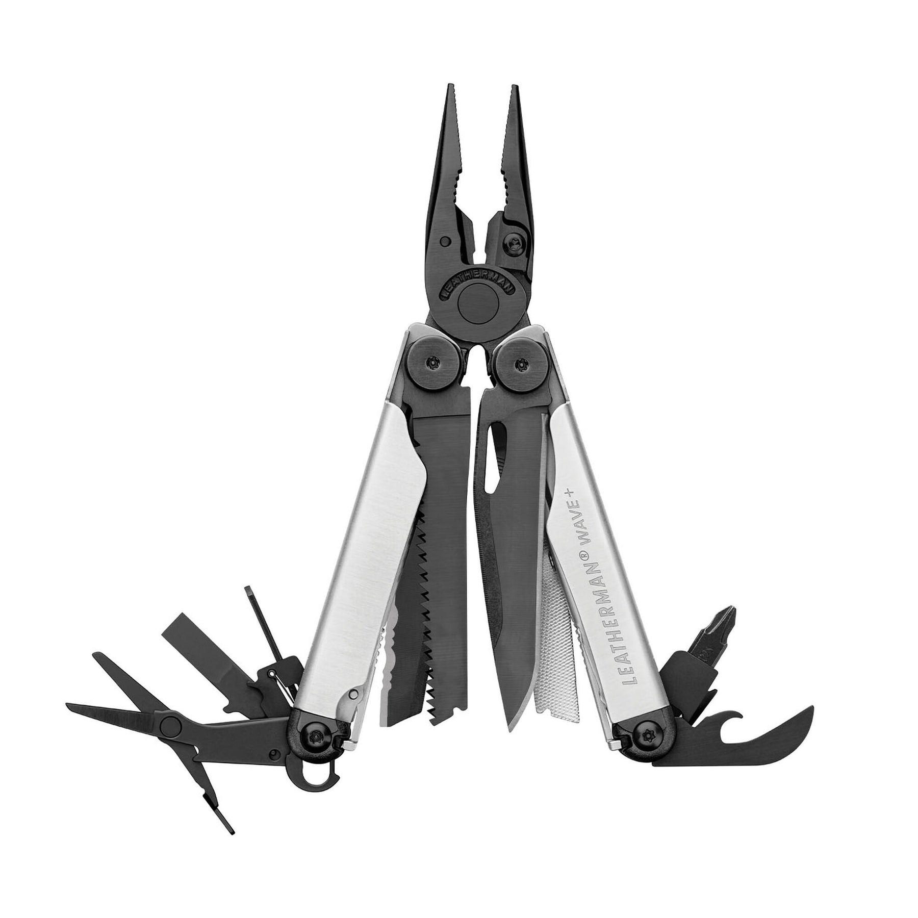 Leatherman Wave Plus Black & Silver aperto con strumenti in vista