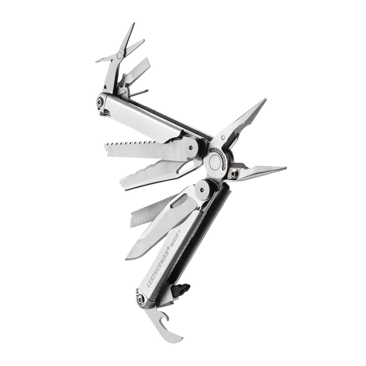 Leatherman Wave Plus Stainless aperto con strumenti in vista angolato