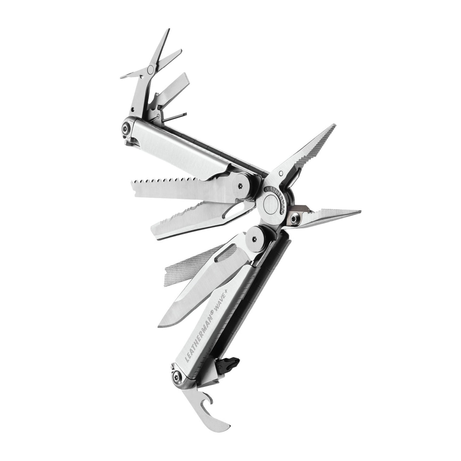 Leatherman Wave Plus Stainless aperto con strumenti in vista angolato