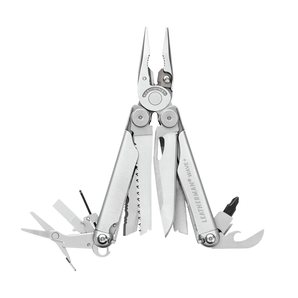 Leatherman Wave Plus Stainless aperto con strumenti in vista