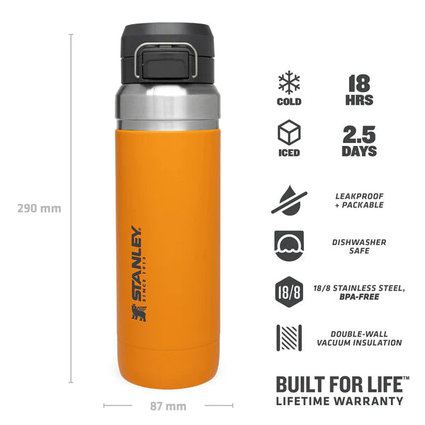 borraccia stanley go quick flip da 1.06 litri colore saffron - con grafica delle caratteristiche
