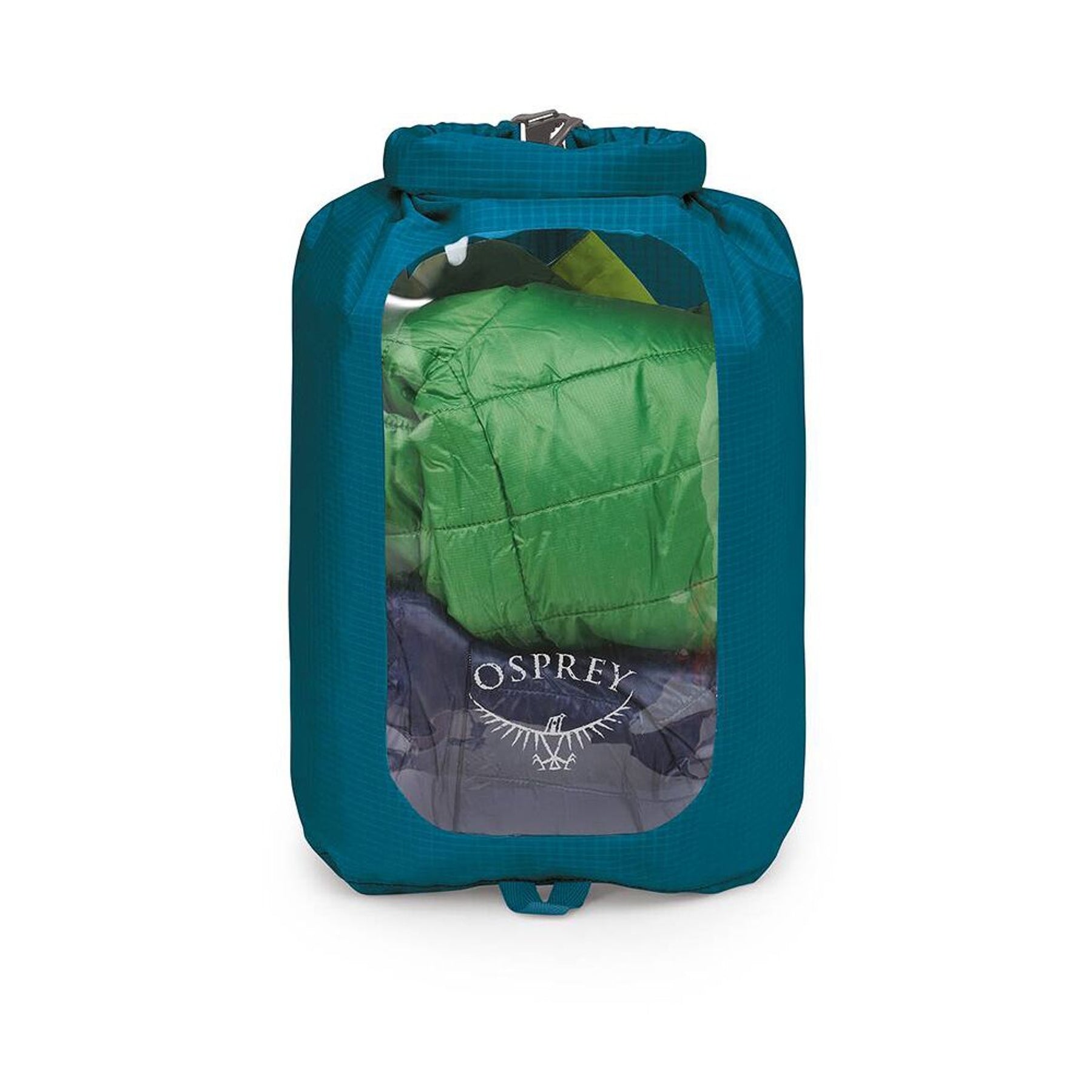 Sacca stagna ultraleggera Osprey Ultralight Dry Sack W/ Window in diverse capacità), con chiusura roll-top impermeabile e finestra trasparente per l'identificazione rapida del contenuto, disponibile nei colori blu petrolio (Waterfront Blue), arancione (Mars Orange) e nero