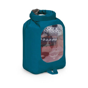 Sacca stagna ultraleggera Osprey Ultralight Dry Sack W/ Window in diverse capacità), con chiusura roll-top impermeabile e finestra trasparente per l'identificazione rapida del contenuto, disponibile nei colori blu petrolio (Waterfront Blue), arancione (Mars Orange) e nero