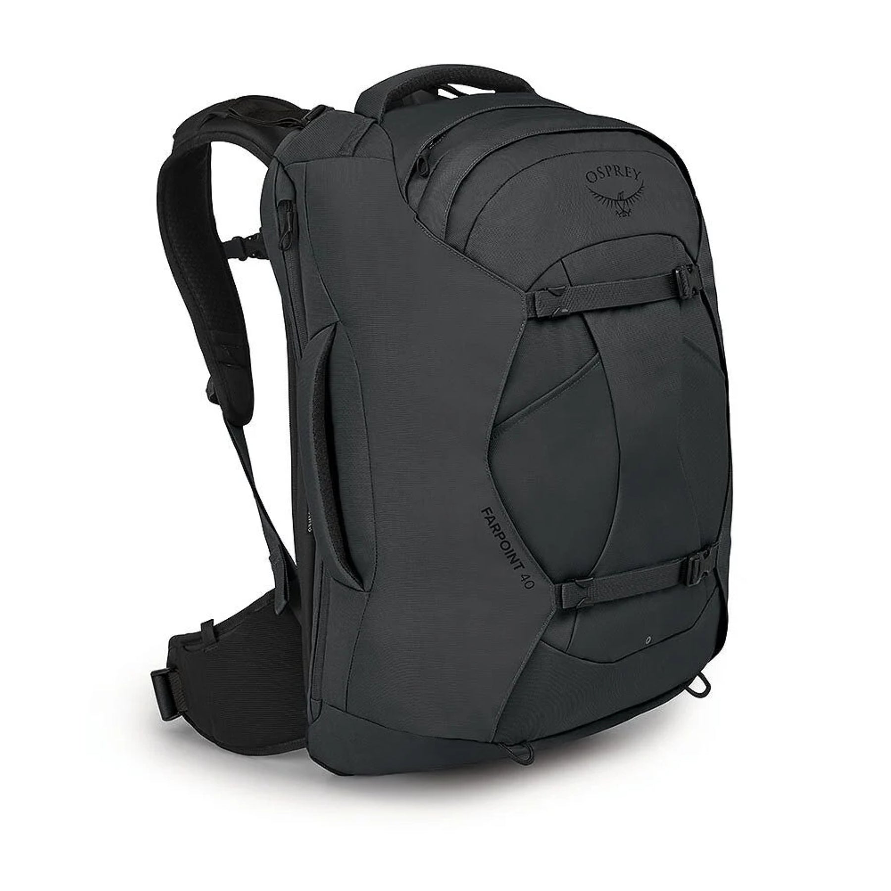 Osprey Farpoint 40 Travel Pack: Zaino da viaggio da 40 litri. Caratterizzato da pannello posteriore a scomparsa, apertura a valigia, cinghie di compressione interne e tasca imbottita per laptop. Design ergonomico e resistente ideale per viaggiatori dinamici.